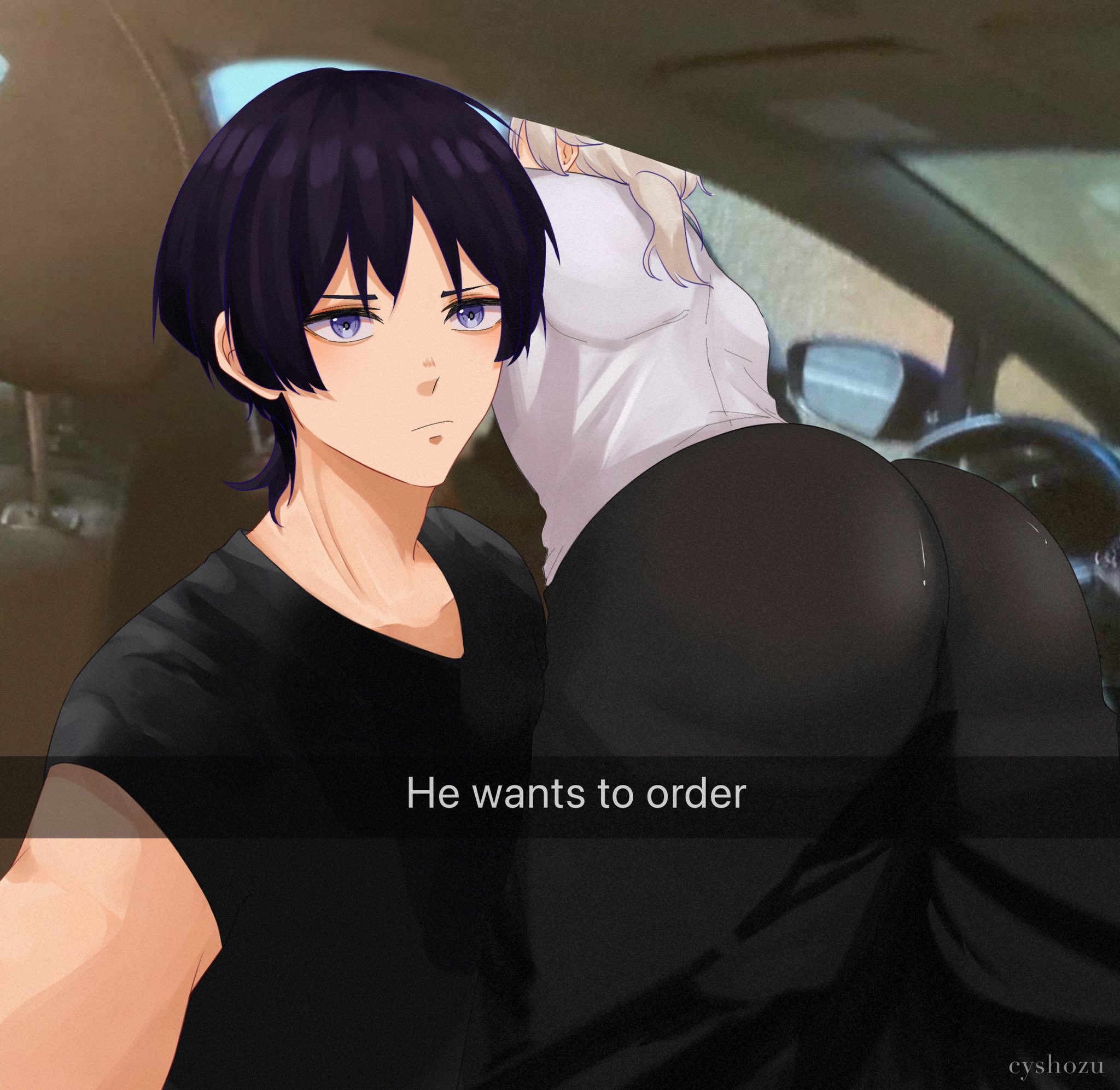 2boys, ass, ass focus, big ass, bubble ass, bubble butt, clothing, femboy, genshin impact, he wants to order, kaedehara kazuha, male, meme, scaramouche (genshin impact), selfie, snapchat, tight clothing