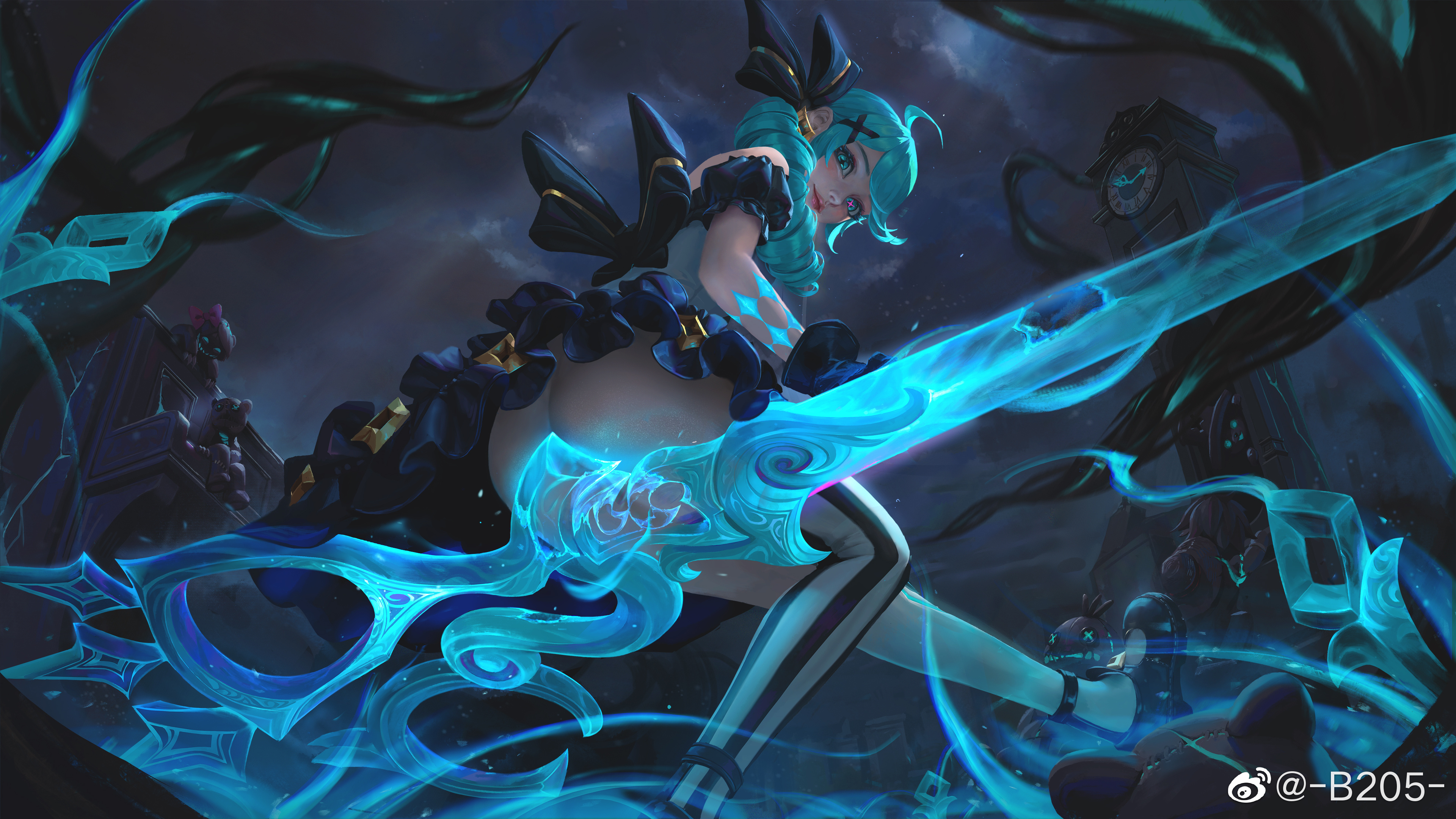 artist website, female, floating, from below, gwen (league of legends), league of legends, looking at viewer, looking back, looking down, no panties, riot games, scissors