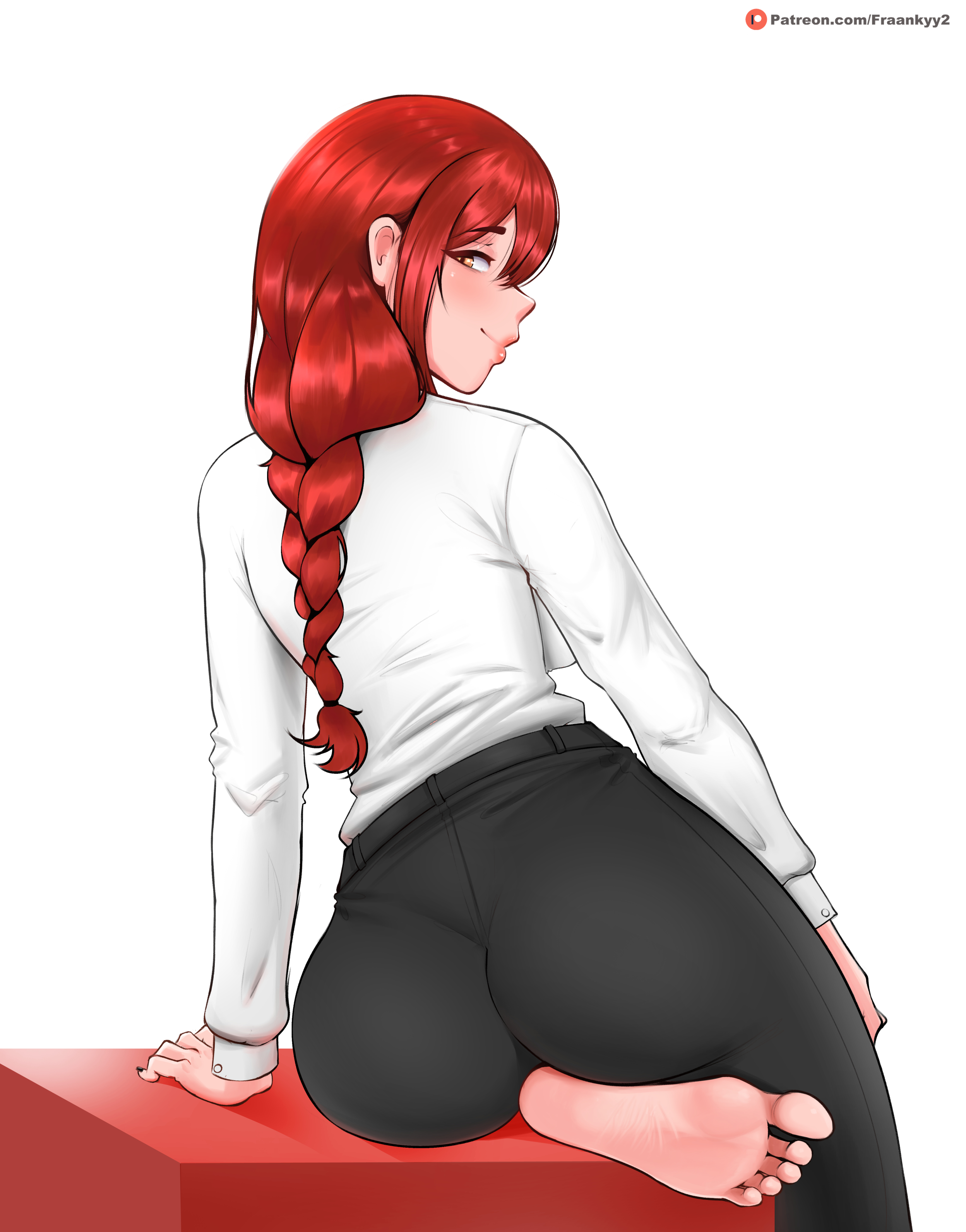 1girls, ass, barefoot, breasts, chainsaw man, feet, female, fraankyy, from behind, large ass, large breasts, looking at viewer, makima (chainsaw man), orange eyes, red hair, shirt, sidelocks, sitting, smile, sole female, soles, solo focus, suit, thick ass, thick thighs, tight clothes, tight clothing, tight fit, tight pants, toes, wide hips