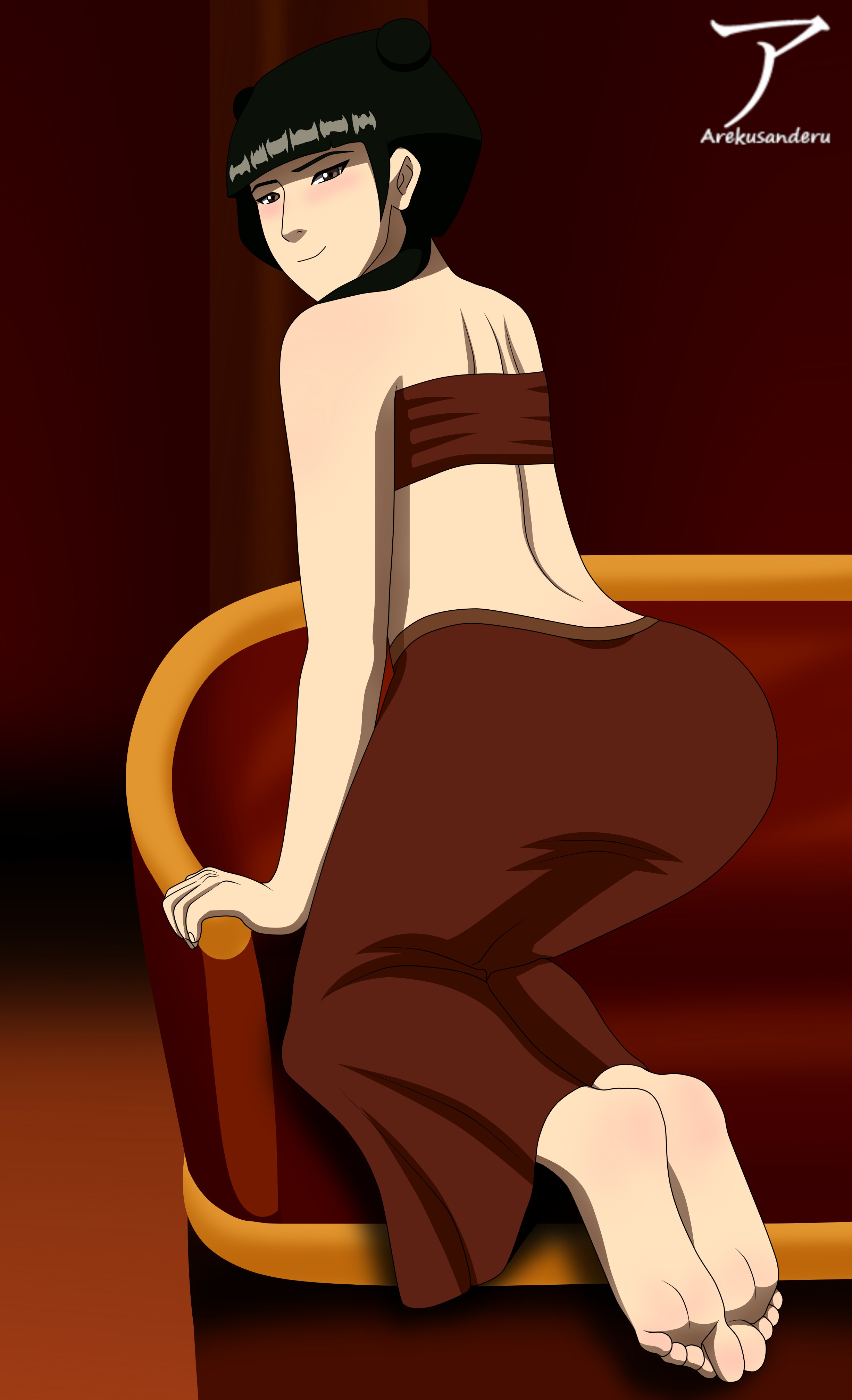 1girls, arekusanderu, ass, avatar the last airbender, backview, bare shoulders, barefoot, blush, clothing, double bun, feet, feet together, female, female only, fire nation, foot fetish, fully clothed, light skin, light-skinned female, looking at viewer, mai (avatar), pale skin, pale-skinned female, pose, posing, smile, smiling at viewer, sofa, solo, topwear