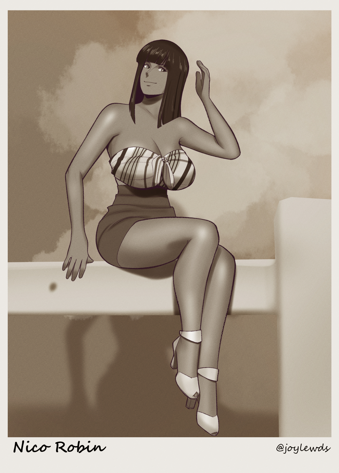 artist name, artist signature, bangs, big breasts, breasts, female, female only, fully clothed, high resolution, huge breasts, joylewds, medium hair, monochrome, nico robin, one piece, pre-timeskip, shounen jump, sitting, solo, tagme