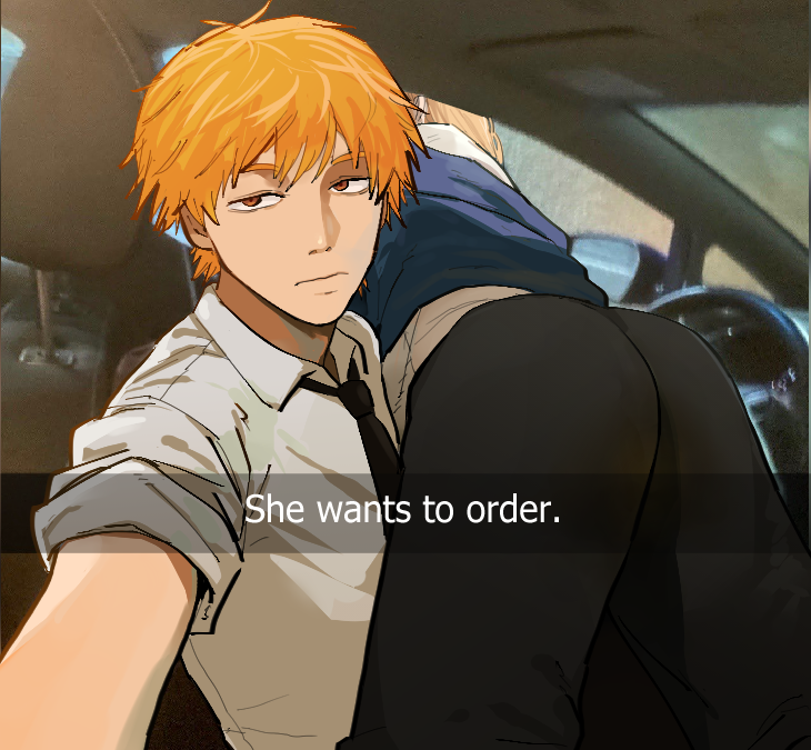 1boy ass black_necktie black_pants blonde_hair car_interior car_seat chainsaw_man collared_shirt denji_(chainsaw_man) english_text expressionless female he_wants_to_order looking_at_viewer meme necktie pants power_(chainsaw_man) sealc4nfly selfie shirt steering_wheel white_shirt