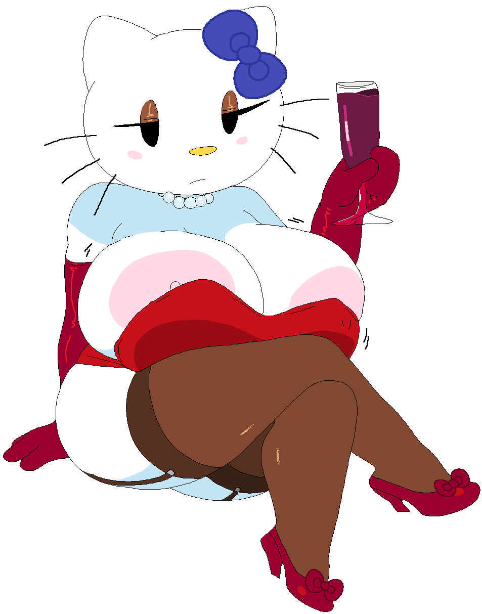 1girls, anthro, big areola, big breasts, big nipples, bottomless, breasts, busty, cleavage, clothing, domestic cat, dream-cassette, dress, expressionless, feline, female, female only, garter straps, heels, hello kitty, hello kitty (character), hello kitty (series), hoshime, huge areolae, huge breasts, huge nipples, kitty white, large breasts, legs crossed, mob face, necklace, nipple slip, nipples, pearl necklace, sanrio, shoes, solo, thick thighs, transparent background