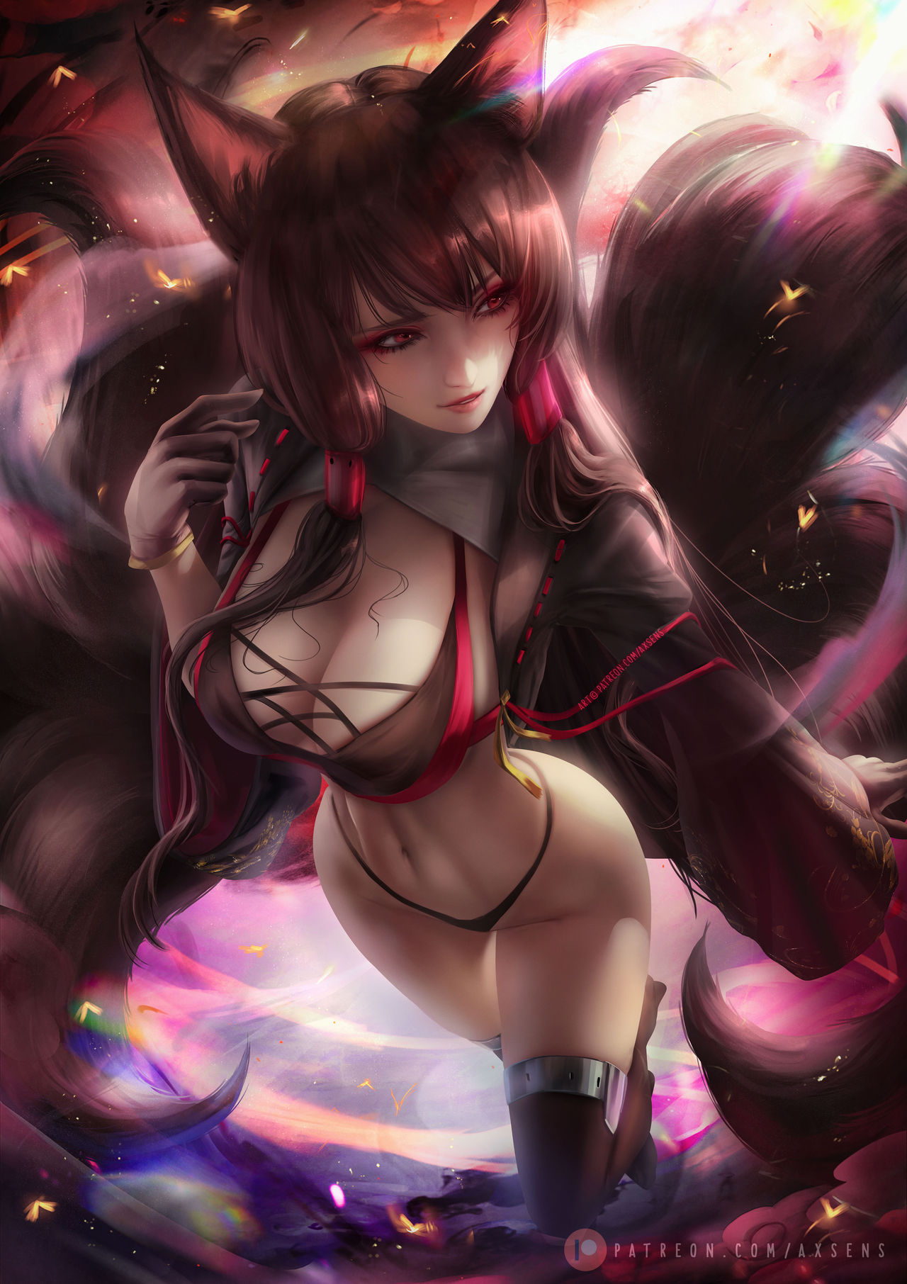 1girls, akagi (azur lane), axsens, azur lane, big breasts, bottomless, breasts, female, kitsune, nipples, no bra, pussy, tail, thighhighs, uncensored