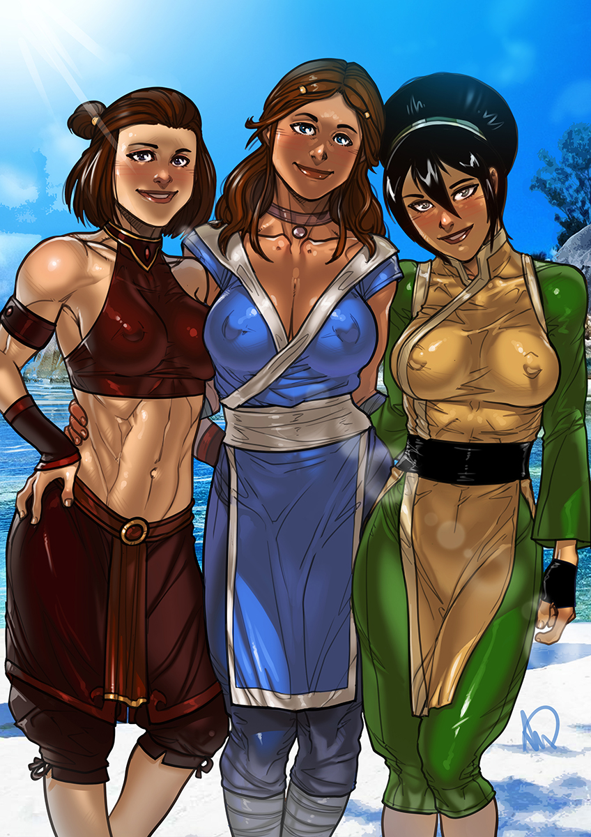 3girls abs aged_up arm_around_back arms_around_partner athletic_female auburn_hair avatar_the_last_airbender bangs beach big_breasts black_hair blue_eyes blush breasts brown_hair capri_pants choker choker_only clothing confident dark-skinned_female day earth_kingdom erect_nipples erect_nipples_under_clothes feet_out_of_frame female female_only fit_female friends front_view ganassa green_eyes grin group hair_bun hair_down hand_on_ass hand_on_hip head_tilt hip_to_hip human human_only katara landing_strip large_breasts lens_flare light-skinned_female lipstick long_hair looking_at_viewer medium_breasts multiple_girls muscular muscular_female nickelodeon perky_breasts pinup posing presenting_self short_hair smile standing straight_hair suki sun sunshine tomboy toned_female toph_bei_fong topknot trimmed_pubic_hair trio tropical_setting tummy water water_tribe