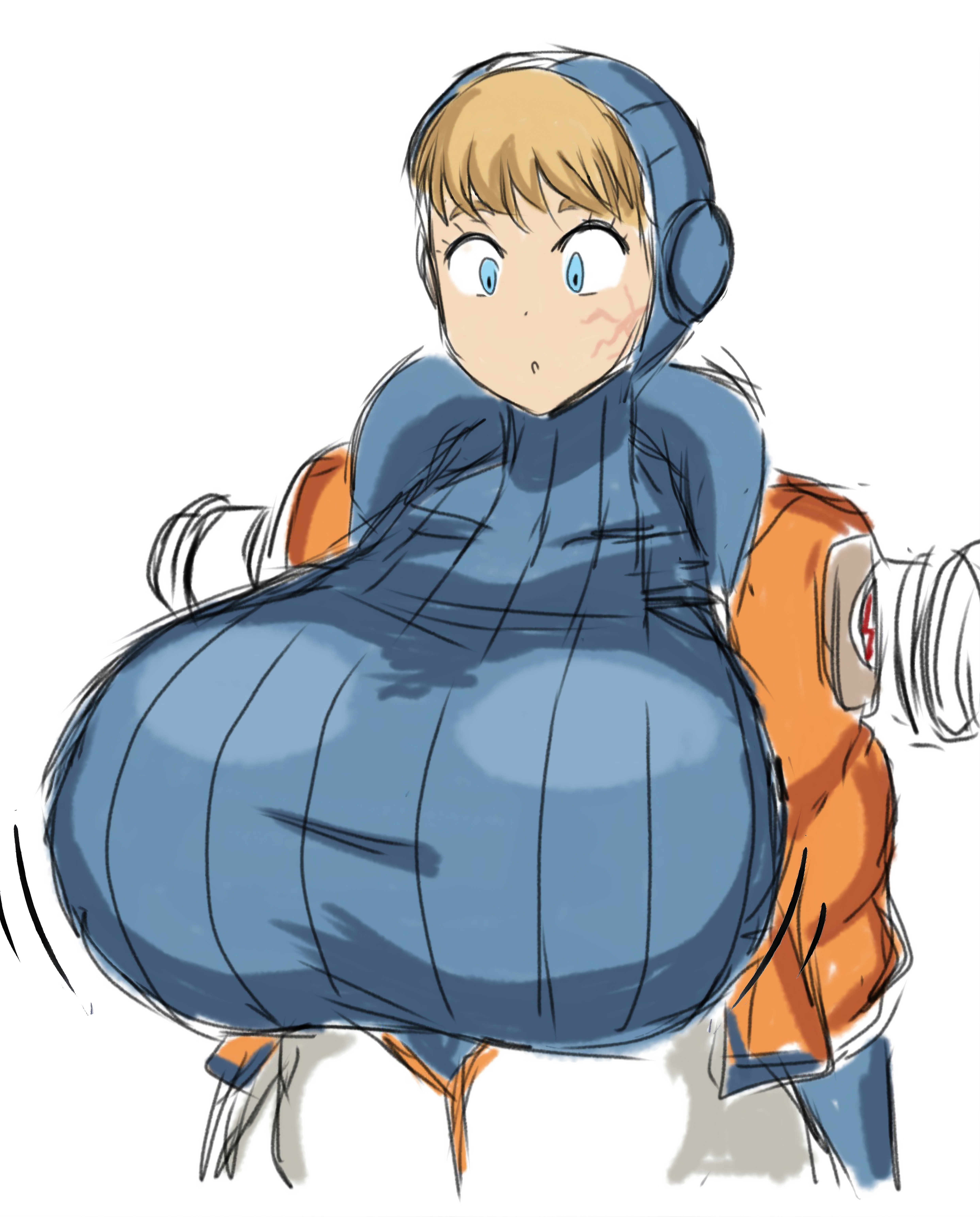 1girls, alternate breast size, apex legends, big breasts, blonde hair, blue eyes, breast expansion, breast growth, breast growth (enlargement), breasts, dirty blonde hair, eyebrows, eyelashes, female, female only, growth, hair, huge breasts, human, human only, humanoid, hyper breasts, large breasts, lichtenberg figure, momiji (artist), scar, simple background, skin tight, skin tight suit, solo, solo female, stretched clothing, tan hair, thick, thick hips, thick legs, thick thighs, thighs, tight clothes, tight clothing, tight pants, tights, venus body, wattson (apex legends), white background