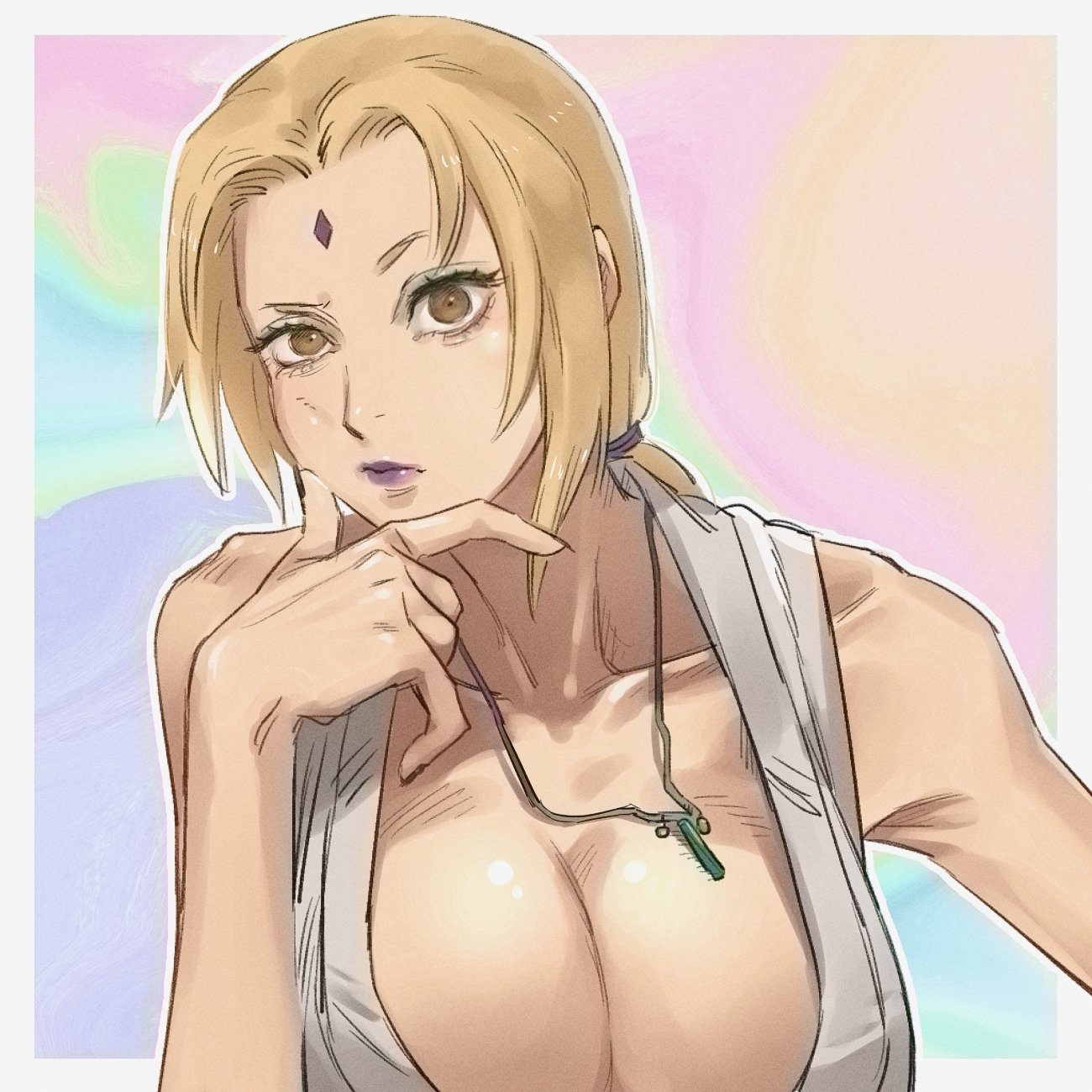 1girls, 2022, bare arms, bare shoulders, big breasts, blonde hair, boruto: naruto next generations, breasts, brown eyes, busty, cleavage, clothed, clothing, curvaceous, female, female focus, female only, forehead jewel, forehead mark, fully clothed, hokage, inner sideboob, jewelry, kunoichi, large breasts, light skin, light-skinned female, lips, lipstick, looking at viewer, makeup, mature, mature female, milf, mother, mrtoen, naruto, naruto (classic), naruto (series), naruto shippuden, necklace, ninja, pinup, ponytail, purple lips, purple lipstick, shounen jump, sleeveless, sleeveless shirt, solo, solo female, solo focus, tied hair, tsunade, upper body, voluptuous