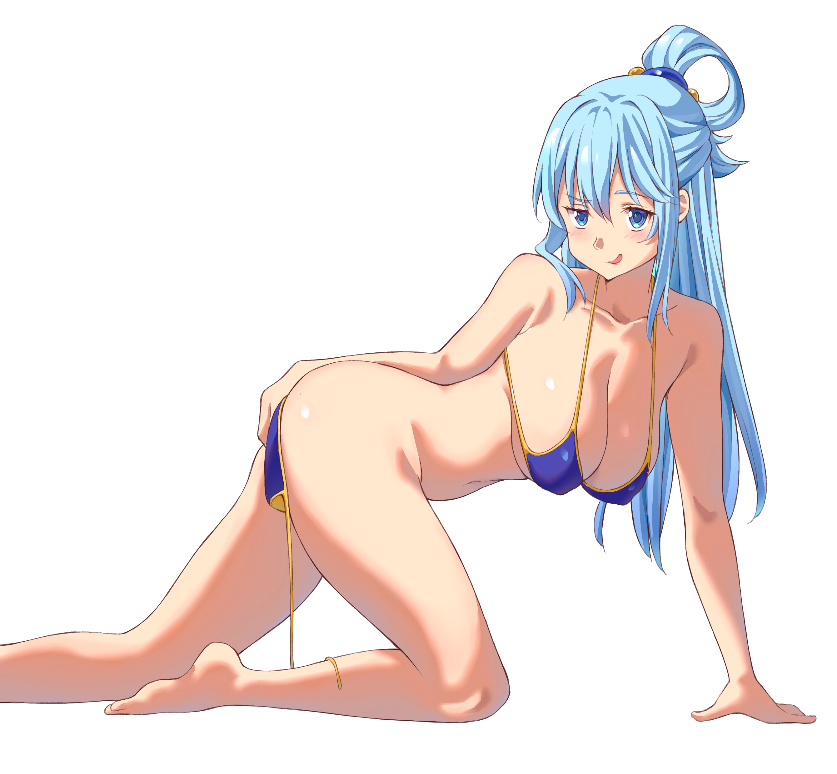 1girls, aqua (konosuba), aqua eyes, aqua hair, ass, barefoot, big breasts, bikini, blue eyes, blush, breasts, female, kono subarashii sekai ni shukufuku wo!, licking lips, long hair, ponytail, side view, sideboob, solo, tagme, white background, yue014