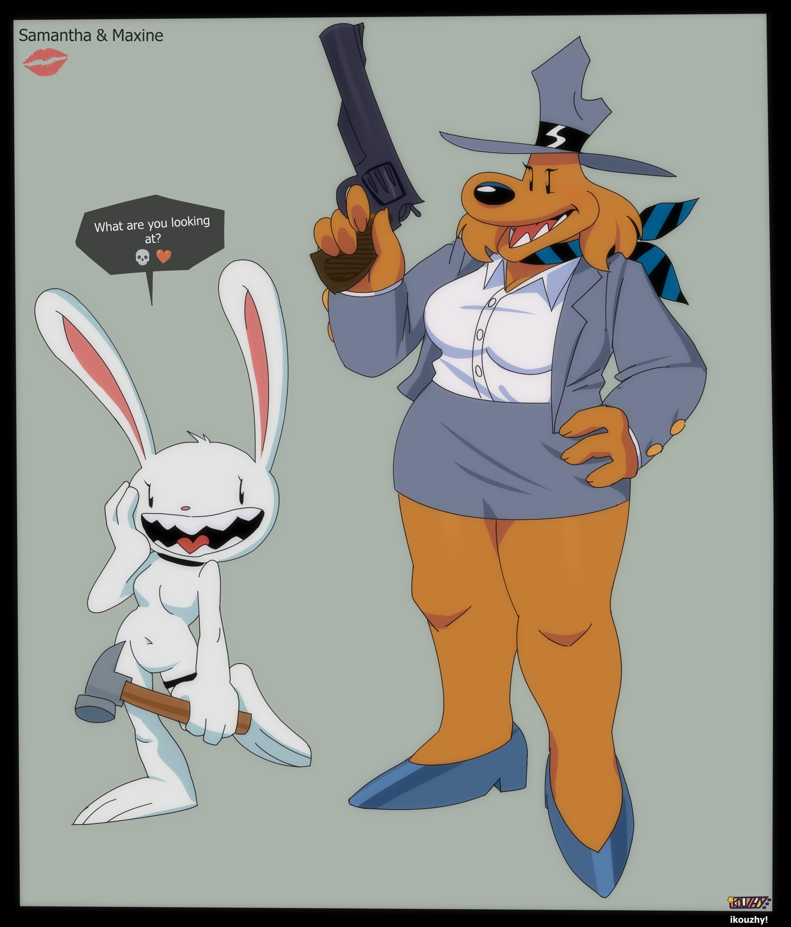 big breasts, breasts, casual, clothed female, clothed female nude female, clothing, featureless breasts, featureless crotch, female, firearm, footwear, garter, genderswap, hammer, handgun, headwear, ikouzhy, legwear, max (sam and max), neckwear, nonsexual, nonsexual nudity, nude, nude female, nudist, revolver, rule 63, sam and max, samuel dog, tagme, weapon