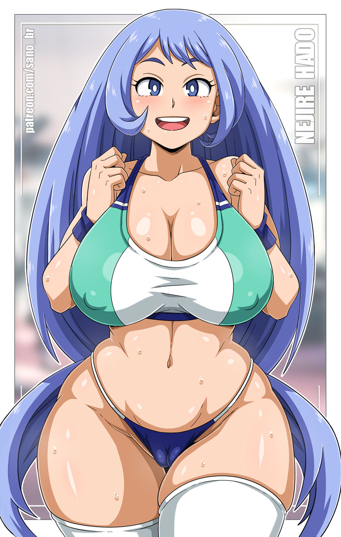 1girls, big breasts, blue eyes, blue hair, blue-haired female, blush, breasts, cameltoe, eye contact, female, gym, gym clothes, happy, huge breasts, legwear, light skin, long hair, looking at viewer, my hero academia, nejire hado, pussy, sano-br, shiny skin, solo, solo female, standing, superheroine, sweat, thick thighs, thighhighs, thighs, thong, wide hips