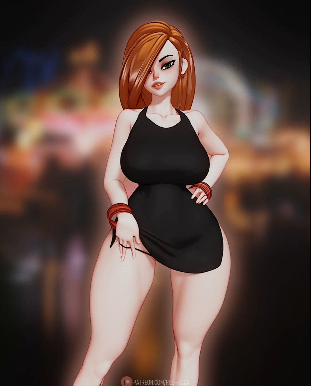 1girls, 3d, ass, black dress, breasts, bubble ass, bubble butt, disney, disney channel, dress, dress lift, fat ass, female, female only, ginger, ginger hair, hair over one eye, hourglass figure, kim possible, kimberly ann possible, large breasts, light skin, light-skinned female, looking at viewer, orange hair, red hair, rushzilla, seductive, seductive eyes, seductive look, seductive smile, solo, solo female, thighs, thong, undressing, voluptuous, wide hips
