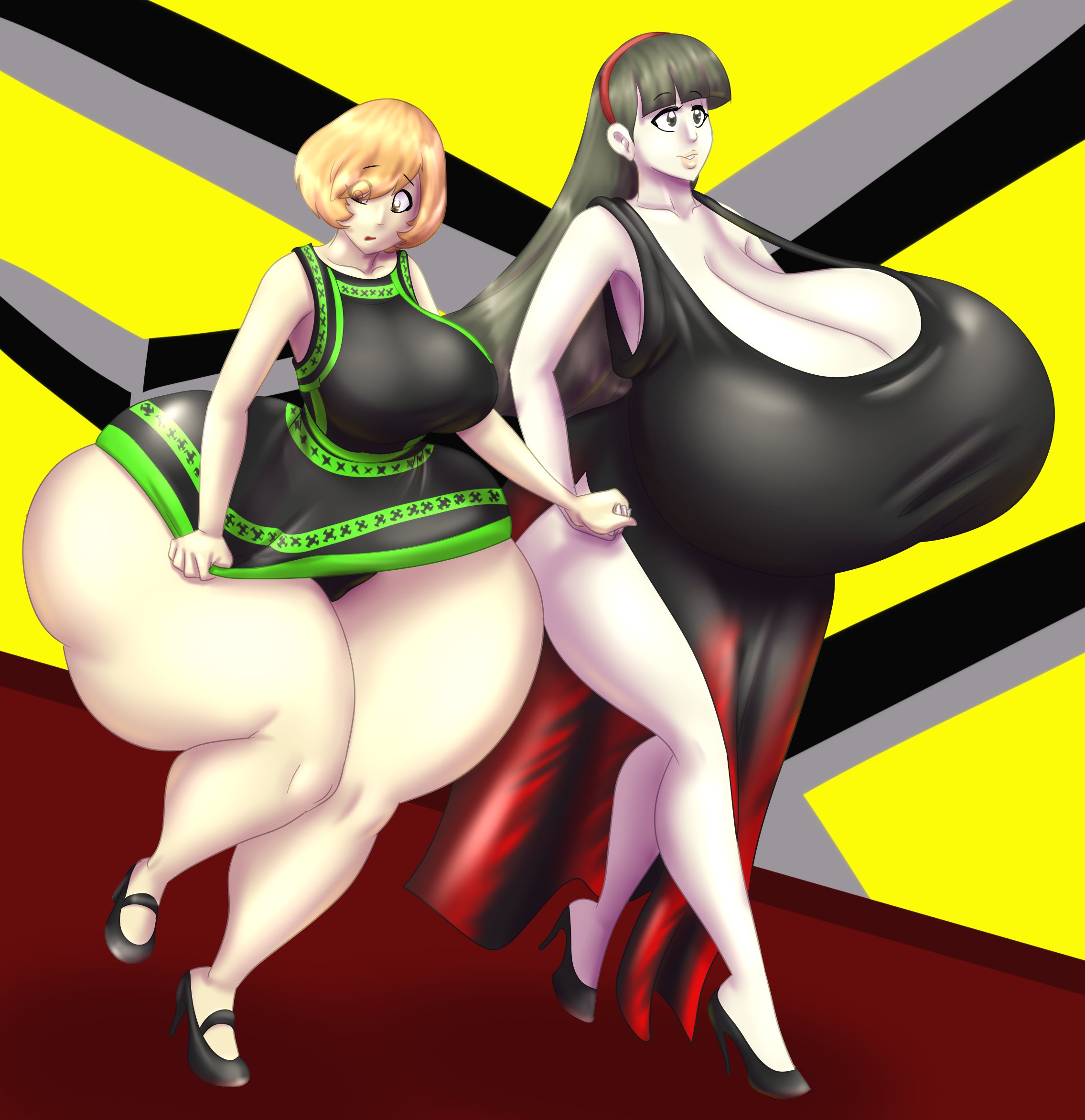 2girls, amagi yukiko, ass, ass bigger than breasts, ass vs breasts, bottom heavy, breasts, breasts bigger than ass, cleavage, dress, dress pull, female, female only, gigantic ass, gigantic breasts, holding, holding hands, huge ass, huge breasts, huge thighs, human, hyper, hyper ass, hyper breasts, marauder6272, persona, persona 4, revealing clothes, satonaka chie, thighs, top heavy
