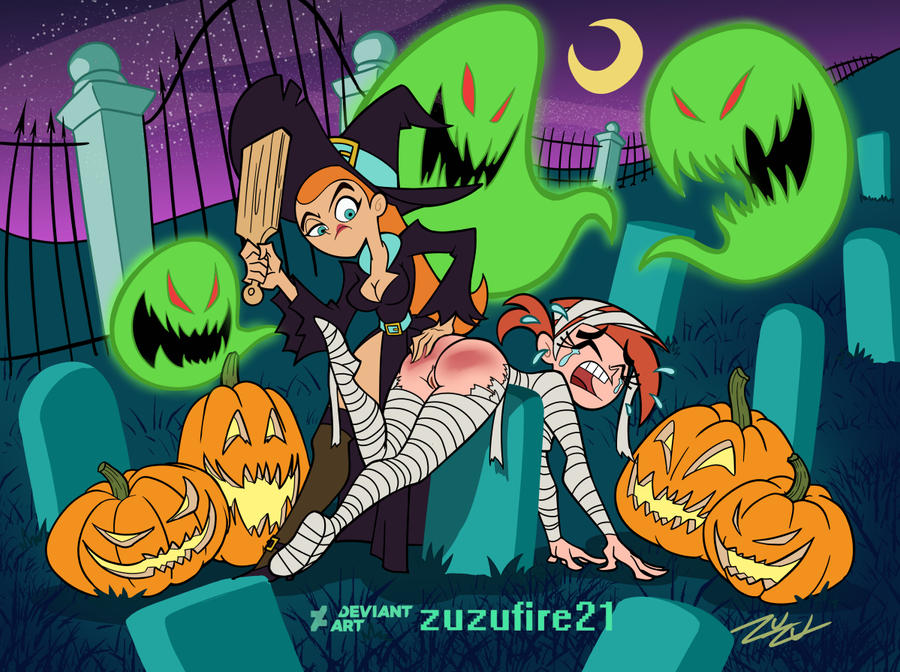 2girls bent_over butch_hartman_(copyright) crescent_moon crossover crying danny_phantom embarrassed exposed_ass female female_only ghost graveyard halloween halloween_costume jack-o'-lantern jazz_fenton multiple_girls mummy_costume nickelodeon nicktoons paddle spank_marks spanking spanking_ass straight_hair tears the_fairly_oddparents vicky_(fairly_odd_parents) witch_costume zuzufire21