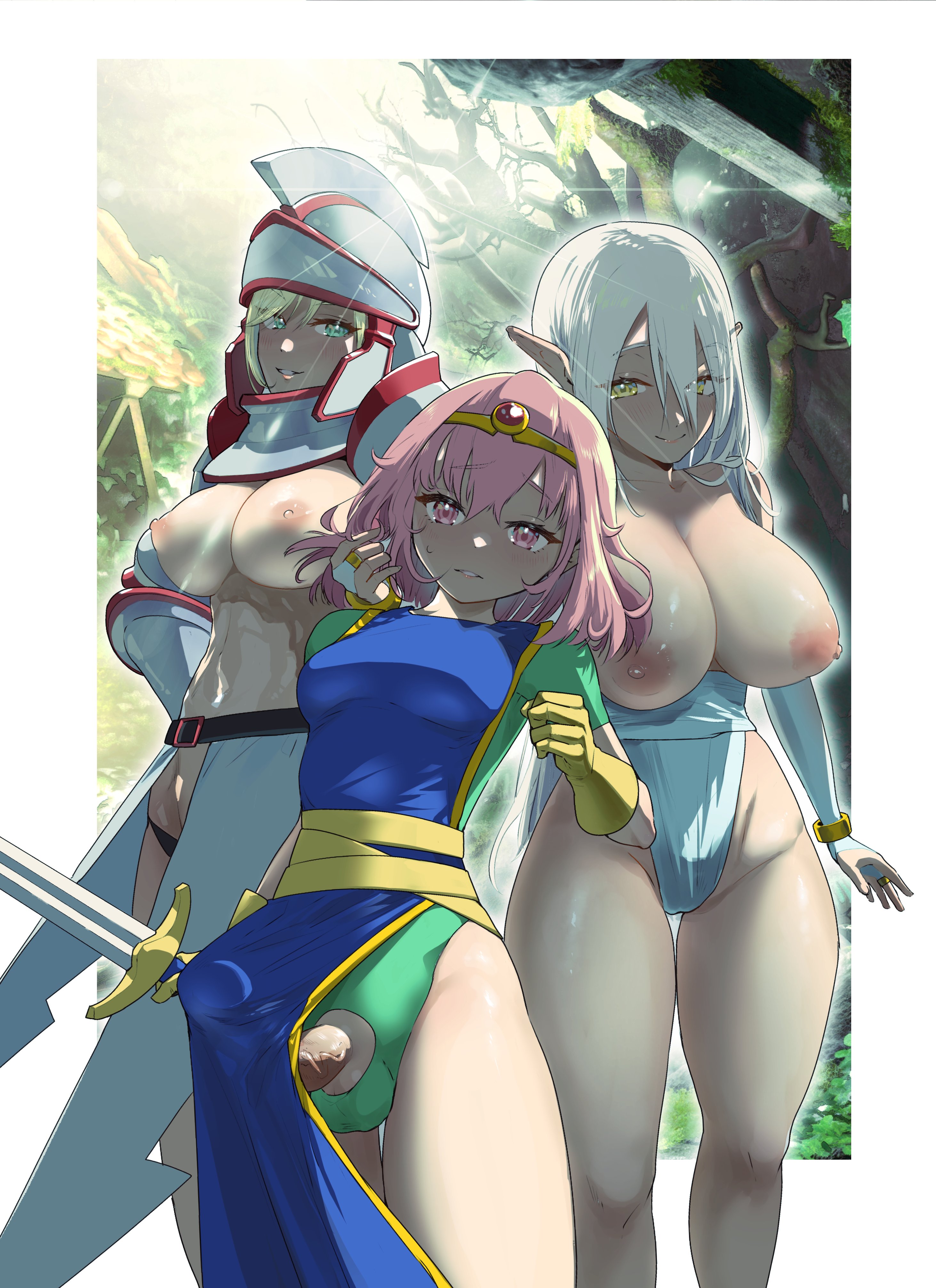 1futa, 2d, 2girls, afterlife f, areolae, armor, balls, balls bulge, balls in panties, balls under clothes, big breasts, big penis, blonde hair, blue eyes, breasts, clothed, clothing, day, detached sleeves, detailed background, dickgirl, dress, elf, elf female, erection, erection under clothes, erection under loincloth, female, female knight, female with female, forest, futa with female, futanari, gloves, group, helmet, human, ineffective clothing, intersex, knight, large breasts, leotard, light skin, light-skinned female, light-skinned futa, loincloth, loincloth lift, long ears, looking at viewer, mostly clothed, mostly nude, nipples, outdoors, panties, panty bulge, partially clothed, penis, penis bulge, penis under clothes, penis under loincloth, pink eyes, pink hair, pointy ears, sunlight, sword, tenting, thong, tiara, topless, topless female, tunic, weapon, white hair, yellow eyes