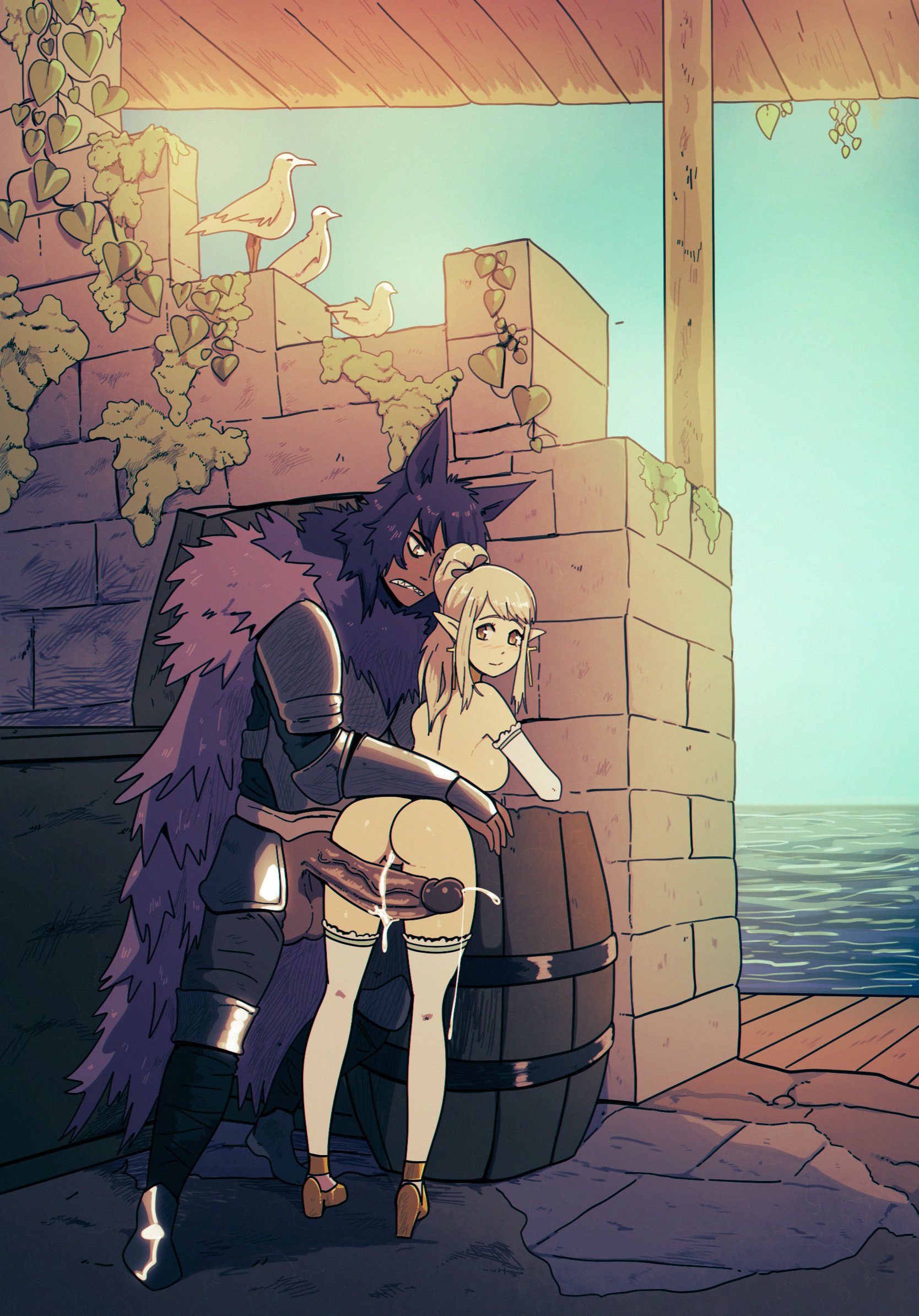 1boy, 1girls, after vaginal, armor, ass, black hair, blonde hair, clothed male, cum, cum drip, cum in pussy, cum inside, dark skin, dark-skinned male, detailed background, elf, elf ears, elf female, female, fur cape, hi res, hollie (wolfgang bang), kiba (wolfgang bang), light skin, light-skinned female, long hair, long penis, looking back, male, nude, nude female, original, penis, pointy ears, ponytail, pussy, thighhighs, wolf boy, wolf ears, wolfgang bang