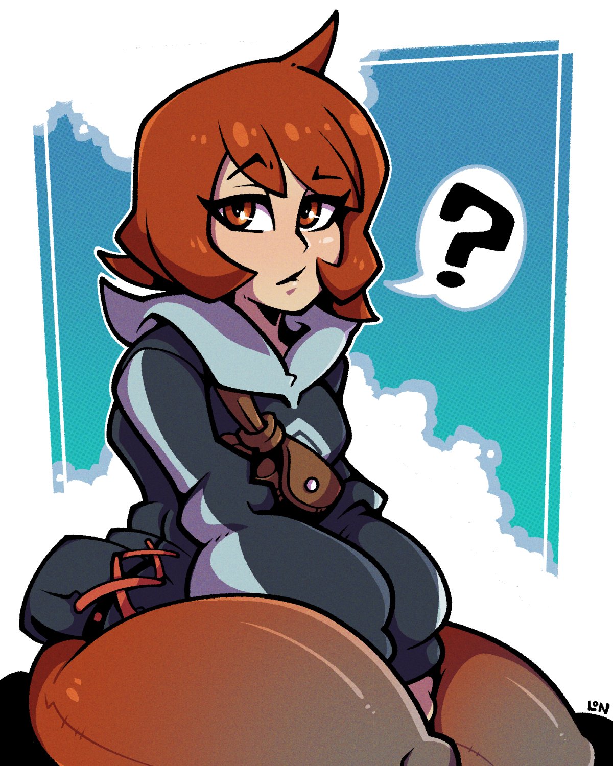 arezu (pokemon), confused, cute, eyelashes, fat thighs, female, game freak, hoodie, legendofnerd, looking at viewer, massive thighs, nintendo, pokemon, pokemon legends: arceus, question mark, red eyes, red hair, short hair, sitting, sky background, thick thighs, voluptuous