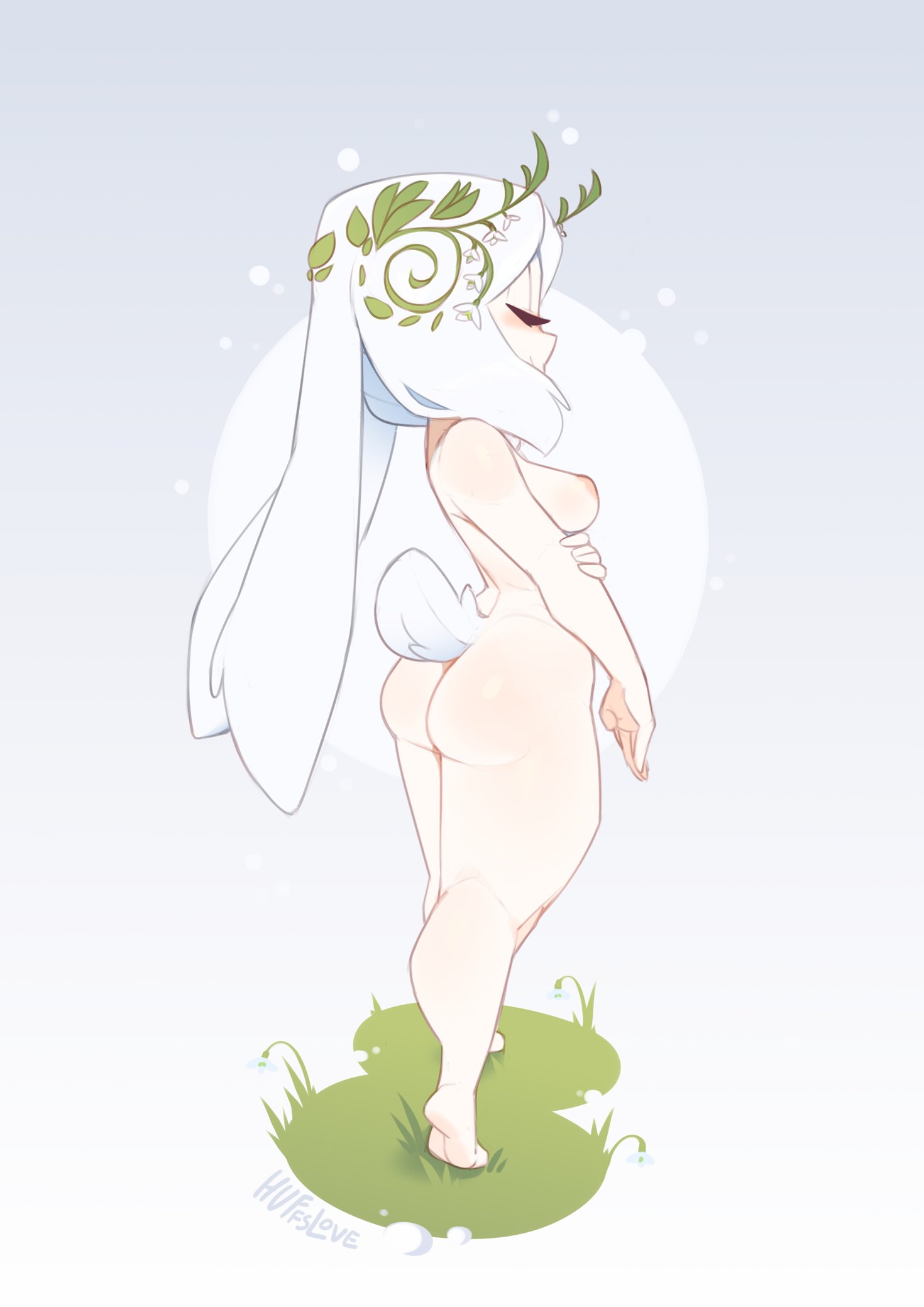 1girls, areolae, ass, breasts, bunny ears, bunny girl, bunny tail, closed eyes, female, female only, hi res, huffslove, light skin, light-skinned female, nude, nude female, solo, thick thighs, white hair