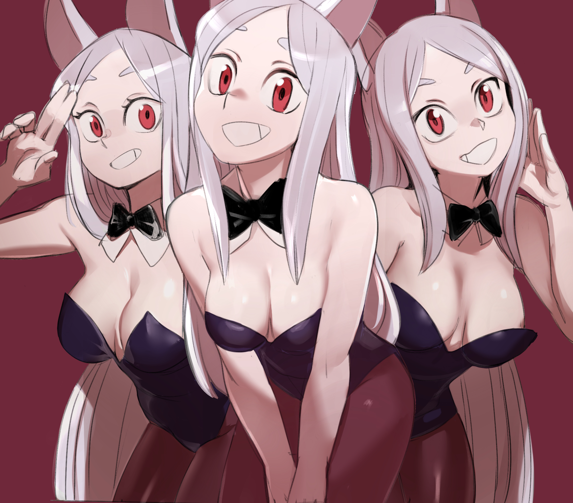 3girls, big breasts, bowtie, breasts, bunnysuit, cerberus (helltaker), female, female only, helltaker, looking at viewer, multiple females, multiple girls, pantyhose, red eyes, sho-n-d, silver hair, tagme