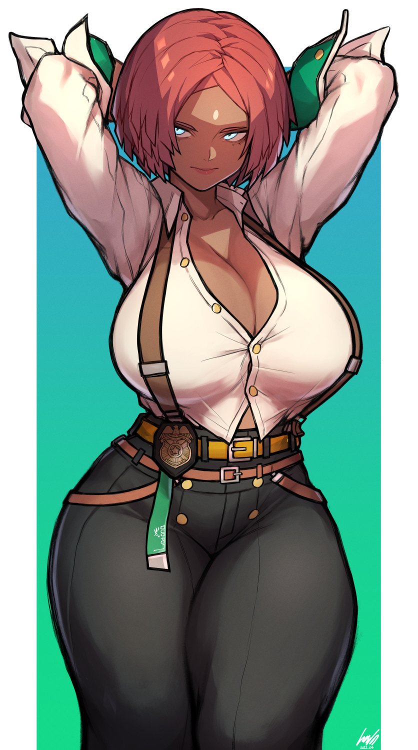 1girls alternate_version_available arms_up arms_up_pose babo badge big_breasts blue_eyes bob_cut brazilian brazilian_female breasts buttoned_shirt child_bearing_hips cleavage cop curvaceous curves curvy curvy_body curvy_female curvy_hips dark-skinned_female dark_skin female female_only ginseng_(artist) giovanna_(guilty_gear) guilty_gear guilty_gear_strive hips huge_breasts large_breasts police police_badge policewoman red_hair redhead revealing_clothes short_hair tagme thick thick_thighs thighs tight_clothing voluptuous voluptuous_female wide_hips