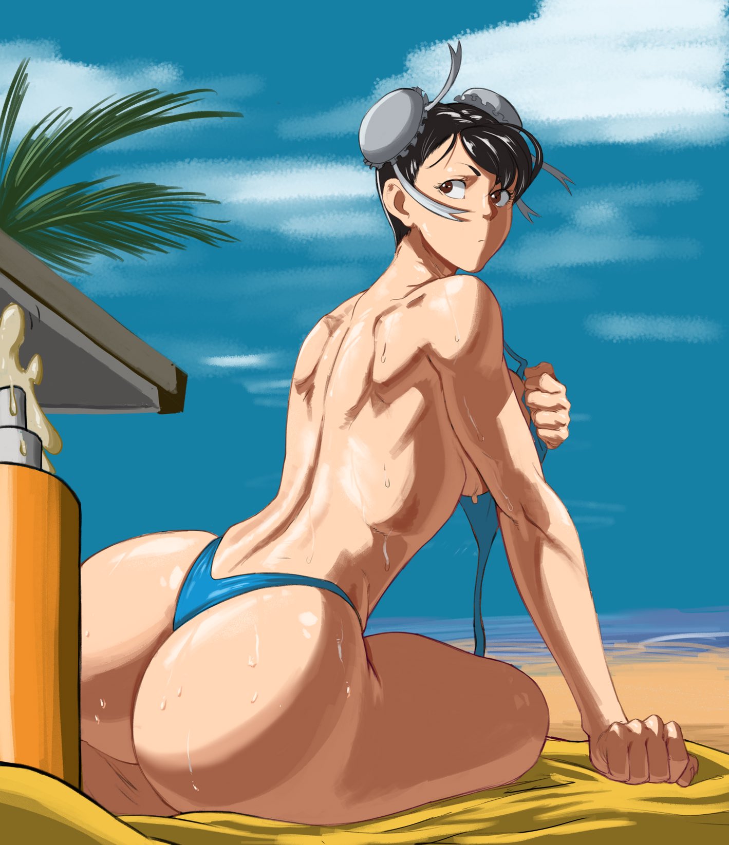 1girls, ass, beach, big ass, bikini, black hair, breasts, brown eyes, bubble ass, bubble butt, chun-li, double bun, fat ass, female, female only, huge ass, looking at viewer, looking back, octavius dp, solo, street fighter, sweat, thick thighs, topless, wide hips