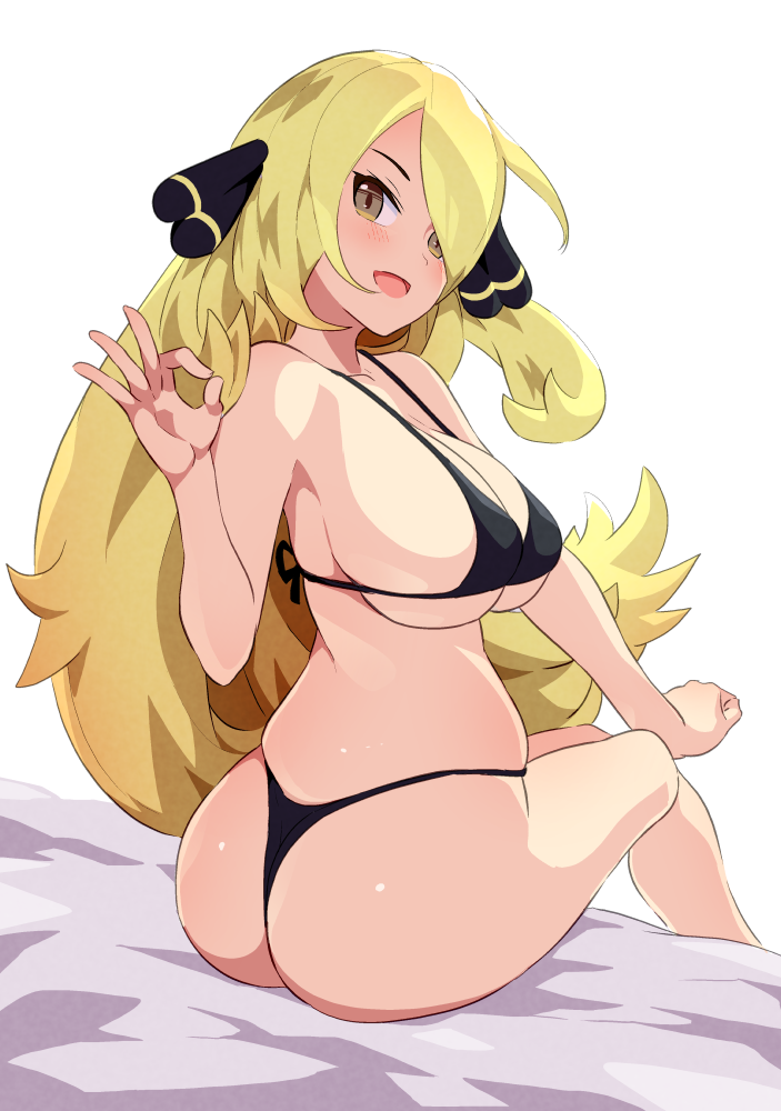 1girls 2022 ass bikini black_bikini blonde_hair breasts clothing cynthia_(pokemon) female female_only gold_eyes hair_ornament hair_over_one_eye huge_breasts large_ass legs_together light-skinned_female light_skin long_hair looking_at_viewer nintendo open_mouth pokemon pokemon_dppt smile tottotonero wide_hips