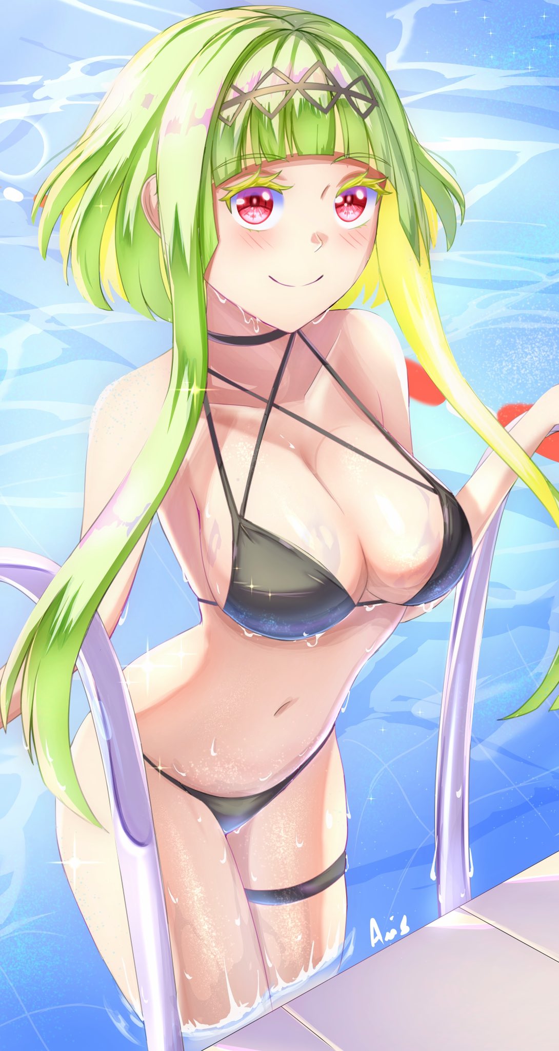 anisdrawn bikini breasts female female_only green_hair gynoid humanoid legwear machine megami_tensei pale_skin red_eyes ringo_(soul_hackers) robot soul_hackers soul_hackers_2 swimsuit swimwear wet