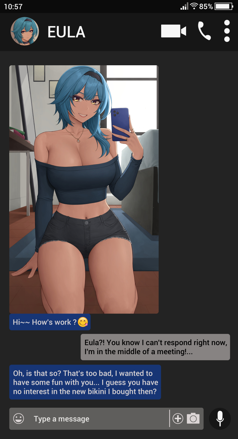 1girls, 2022, asymmetrical hair, blue hair, booty shorts, breasts, casual clothes, cleavage, crop top, detached sleeves, dialogue, english text, eula (genshin impact), female, female only, genshin impact, gold eyes, hips, huge breasts, kneeling, light skin, light-skinned female, long hair, midriff, selfie, short shorts, shorts, slim waist, teasing viewer, text, thick thighs, thighs, wide hips, zaphn