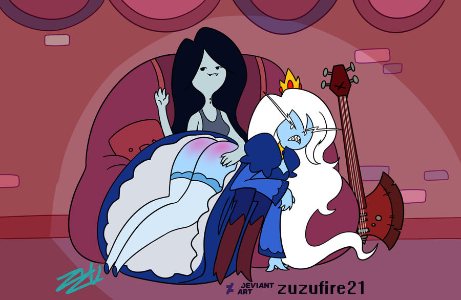 2girls adventure_time angry ass dress_lift embarrassed female female_only femdom femsub guitar ice_queen ice_queen_(adventure_time) marceline multiple_girls no_panties over_the_knee_spanking punishment red_ass smug_face spanking zuzufire21