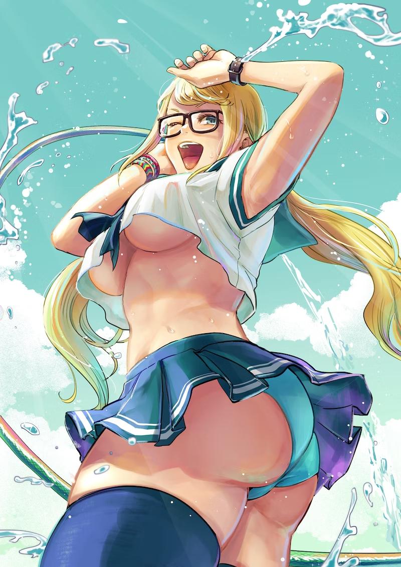 alternate_hairstyle armpits arms_up ass bespectacled black-framed_eyewear blonde_hair blue_eyes blue_panties blue_sky blue_thighhighs bracelet breasts commentary_request commission crop_top crop_top_overhang female from_behind from_below glasses happy hose jewelry long_hair low_twintails microskirt midriff no_bra official_alternate_costume one_eye_closed open_mouth panties pantyshot pleated_skirt rainbow_mika school_uniform serafuku shirt skeb_commission skirt sky smile solo street_fighter street_fighter_alpha street_fighter_v thick_thighs thighhighs thighs toko_(tokkotoritori) twintails twisted_torso underboob underwear watch water wet wet_clothes wet_shirt wristwatch