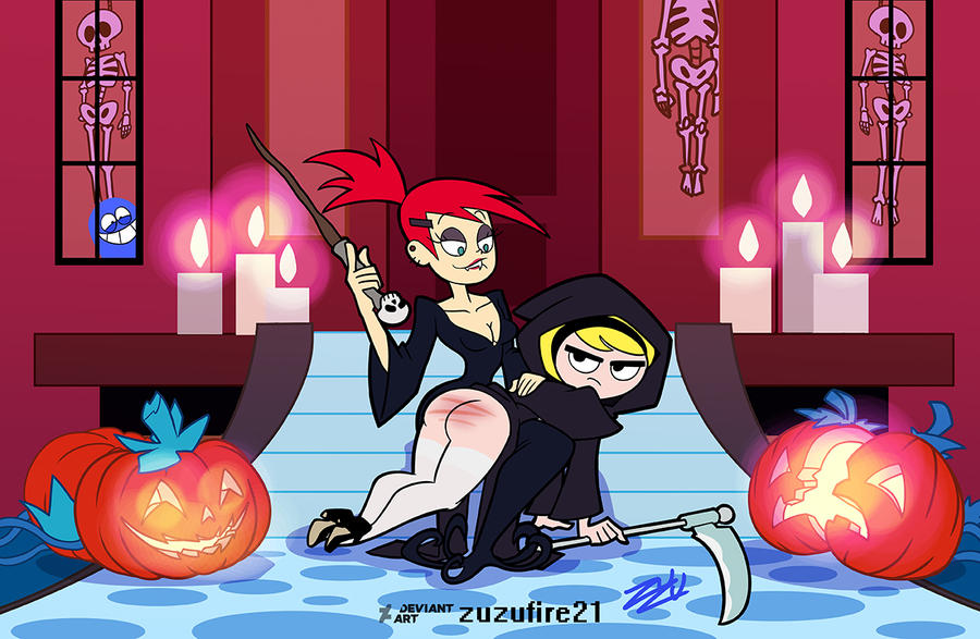 1boy 2girls 5_fingers accurate_art_style biting_lip black_eyes blonde_hair bloo candles cartoon_network crossover eyelashes foster's_home_for_imaginary_friends frankie_foster green_eyes grim_reaper_(cosplay) halloween halloween_costume jack-o'-lantern light-skinned_female looking_out_window mandy_(billy_and_mandy) no_panties noseless over_the_knee_spanking punishment purple_eyeshadow red_hair red_lipstick redhead skeleton spank_marks spanking the_grim_adventures_of_billy_and_mandy vampira_cosplay western_cartoon zuzufire21