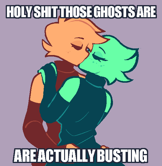 anthro, big brother, biro (inkplasm), brother, closed eyes, clothing, dress, duo, english text, eyelashes, freckles, ghost, gloves, green body, green clothing, green hair, green skin, hair, hand on hip, hand on shoulder, handwear, humanoid, incest, inka (inkplasm), kissing, little brother, male, markings, meme, older brother, orange body, orange clothing, orange hair, orange skin, sibling, spirit, text, welwraith, younger brother