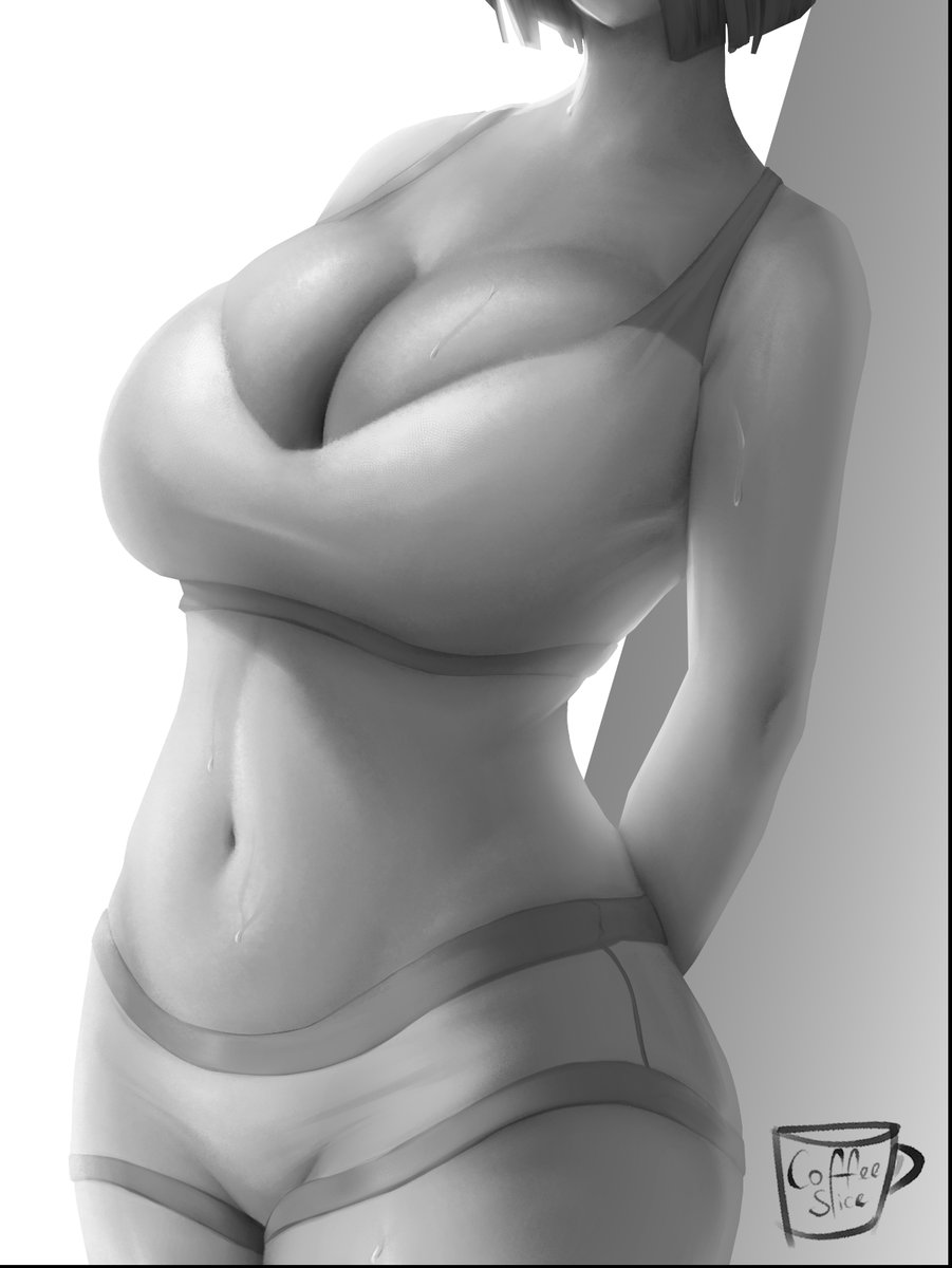 1girls, big breasts, breasts, coffeeslice, female, female only, large breasts, monochrome, solo, sweat