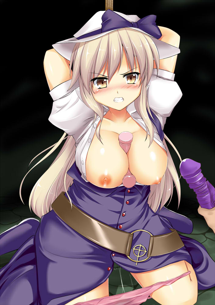 1girls angry bdsm belt between_breasts blonde_hair blush bondage bound breasts dildo dripping_wet frown hat hoshizuki_(seigetsu) large_breasts long_hair looking_at_viewer nipples open_clothes open_shirt out_of_frame panties panty_pull pov pov_hands pussy_juice sex_toy shirt solo_focus straight tagme tied_hands tied_up touhou underwear watatsuki_no_toyohime yellow_eyes