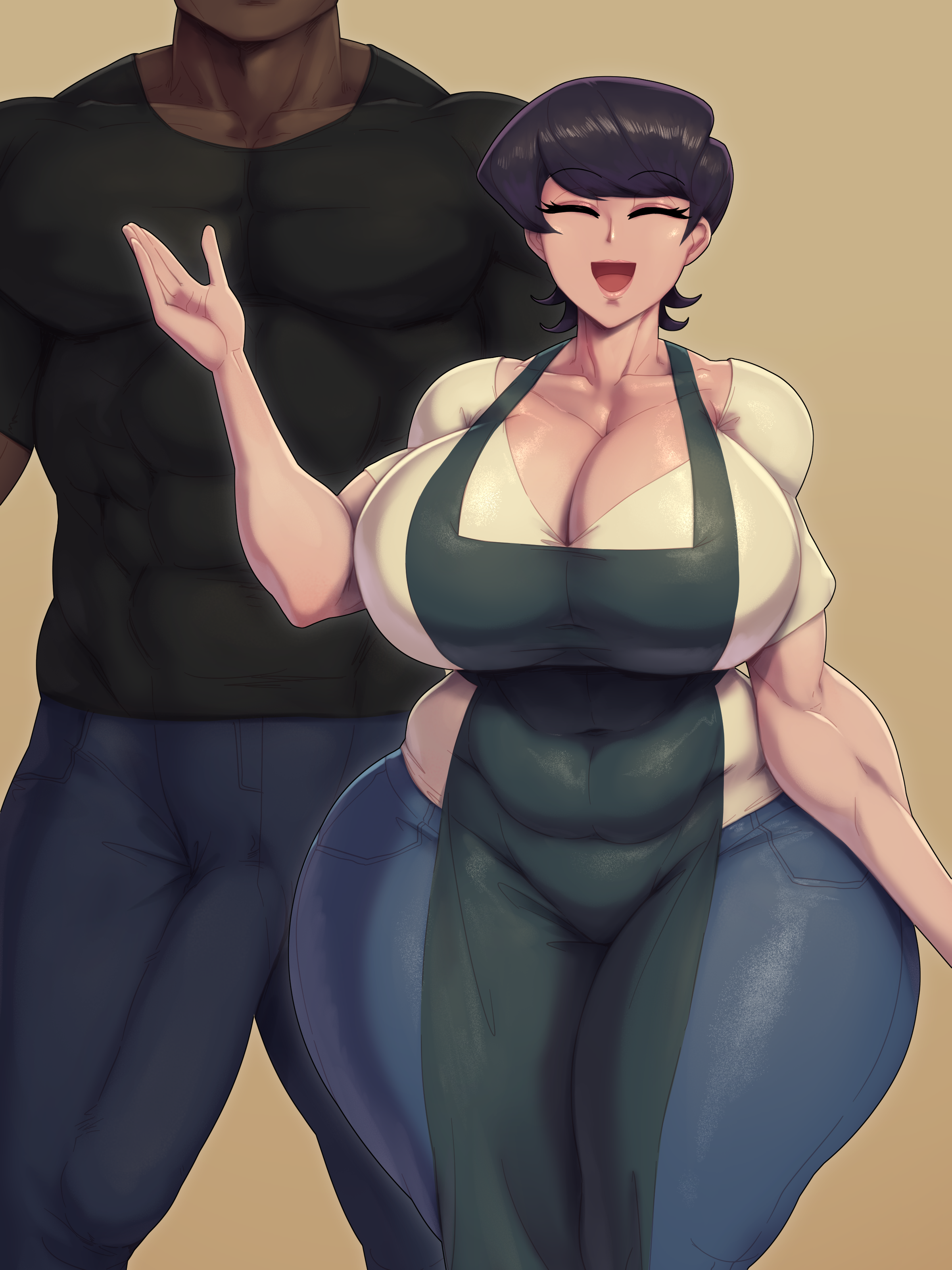 1boy, 1girls, apron, big breasts, big penis, black hair, breasts, breasts bigger than head, bulge, closed eyes, dark skin, dark-skinned male, female, happy, huge breasts, komi shuuko, komi-san wa komyushou desu, large penis, light skin, light-skinned female, male, mature female, milf, mother, no text version, penis, penis bulge, plump, rampage0118, short hair, standing, thick thighs, thighs, tight clothing, venus body, voluptuous, wide hips