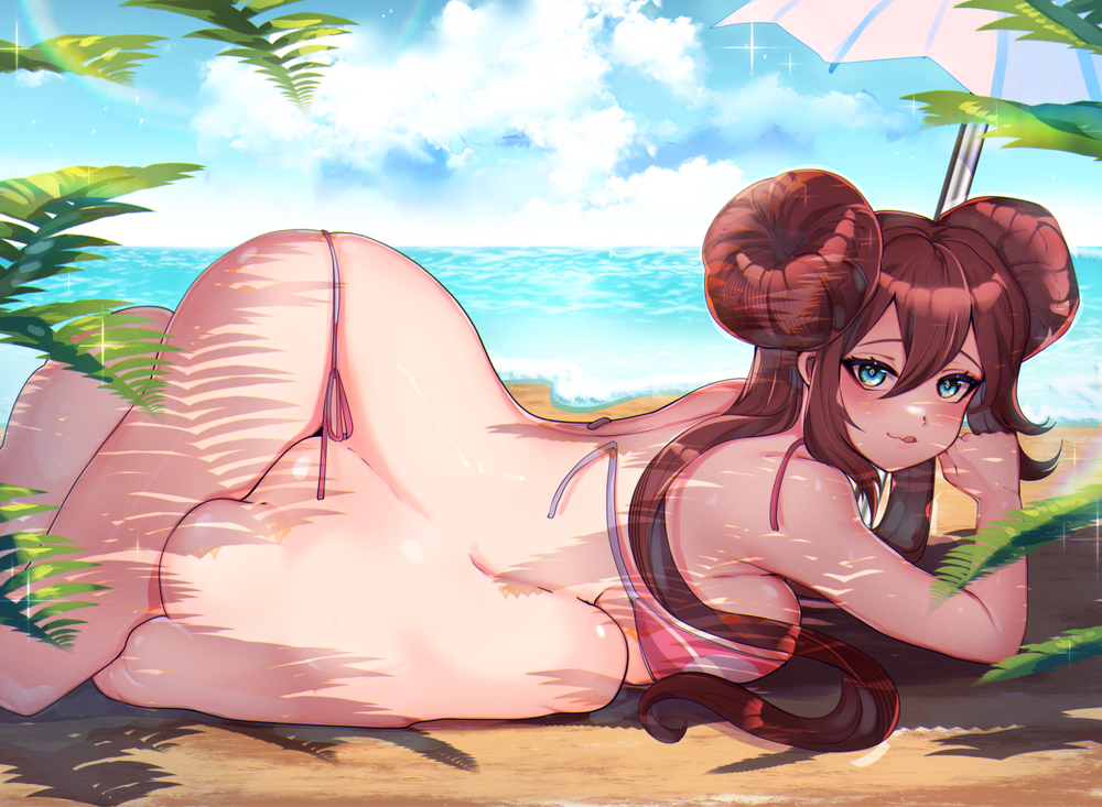 awee big_ass big_belly big_breasts bikini blue_eyes brown_hair bun female implied_vore large_breasts laying_on_stomach licking_lips looking_at_viewer pokemon pokemon_bw2 post_vore rosa_(pokemon) same_size_vore sand solo squeezing_breast squish stomach_bulge summer swimsuit thick_thighs twintails underboob vore