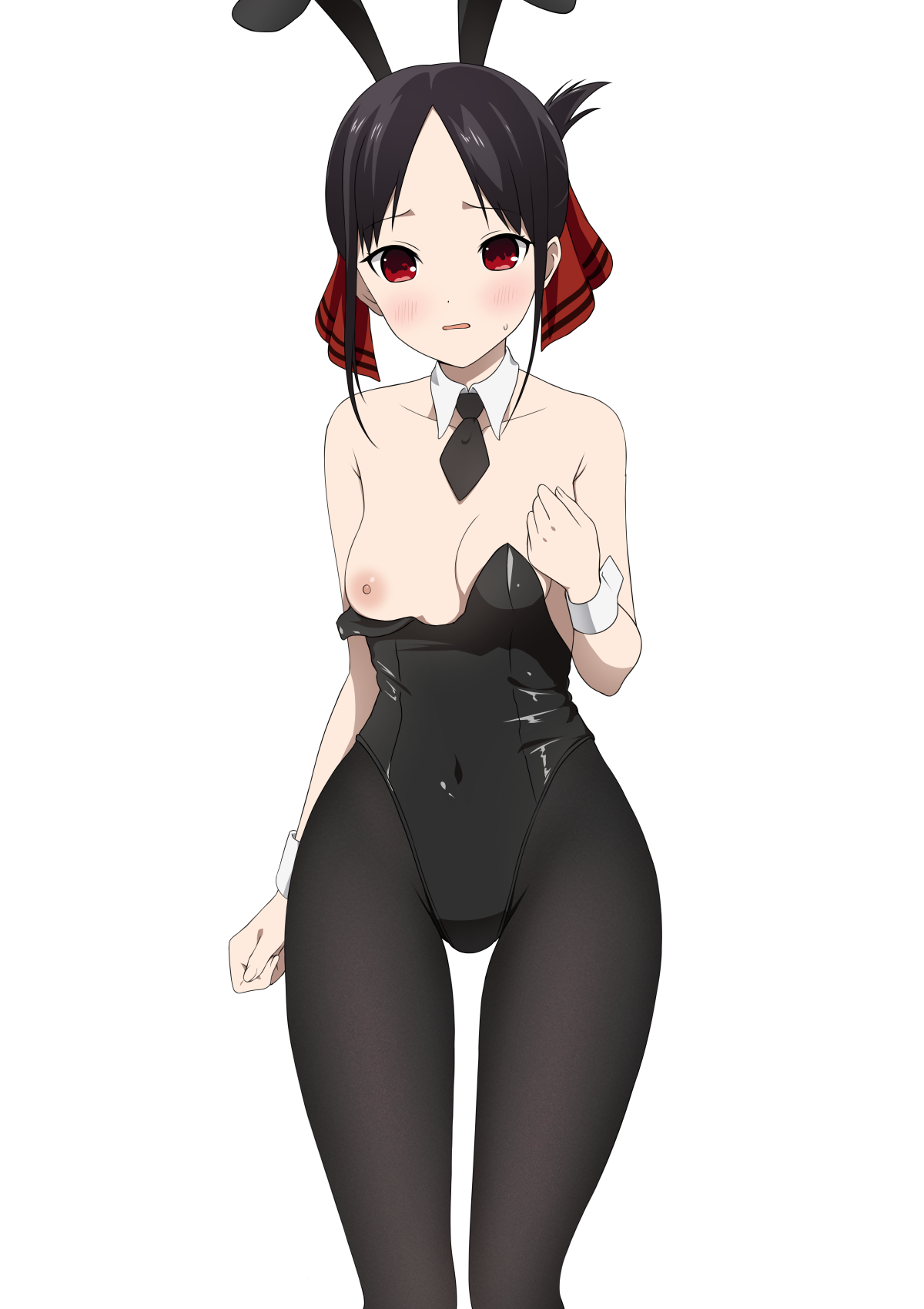 1girls, areolae, black clothing, black hair, blush, blush lines, breast exposed, breasts, bunny ears, bunnysuit, collarbone, coro fae, eyebrows, eyebrows visible through hair, female, hips, kaguya-sama wa kokurasetai ~tensai-tachi no renai zunousen~, navel, navel visible through clothes, nipples, pantyhose, red eyes, ribbon, shinomiya kaguya, standing, thick thighs, thighs, white background, wide hips