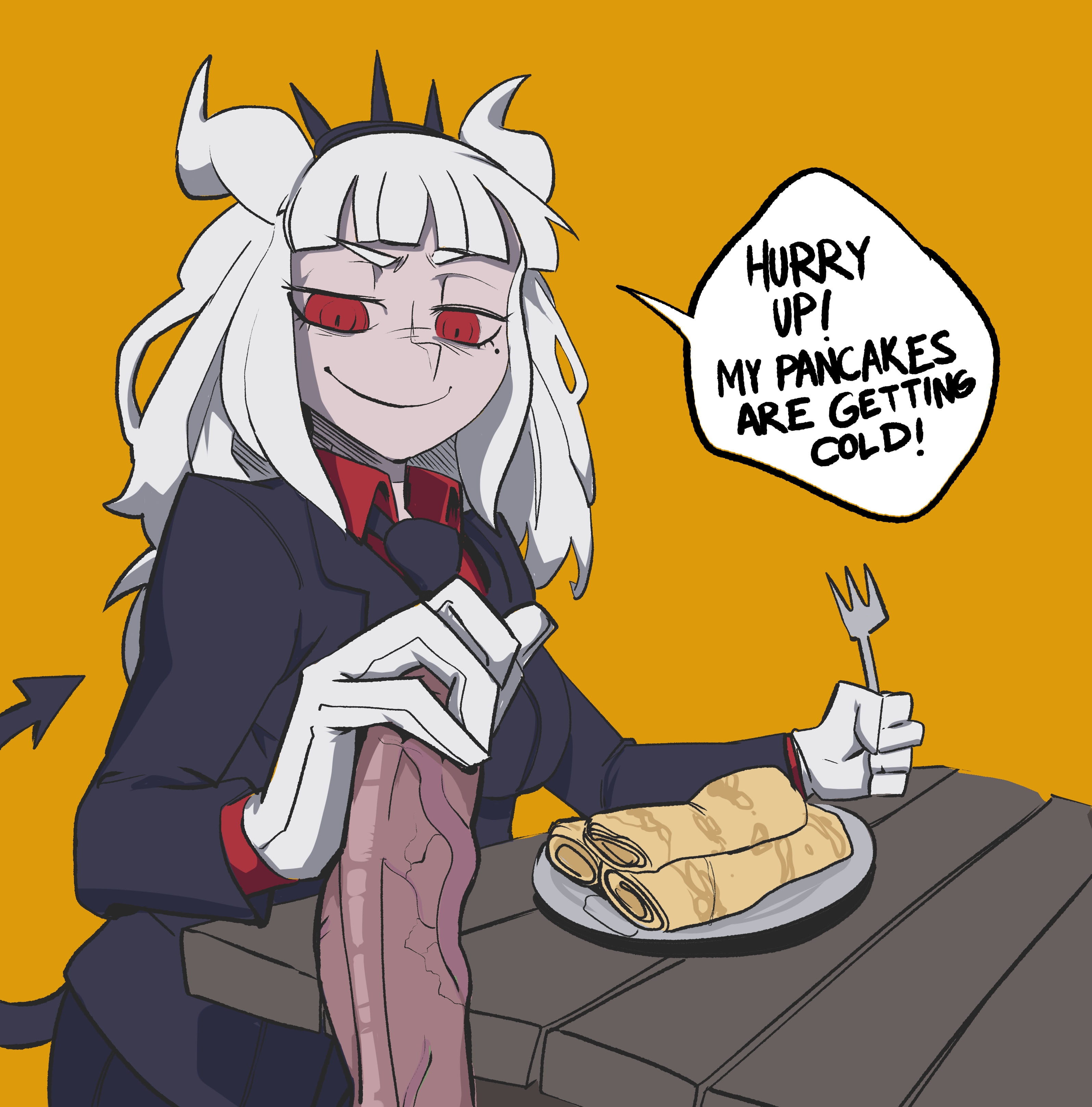 1boy, 1girls, 2d, anticipation, beauty mark, big penis, clothed female, cock, color, demon, demon girl, dick, female, food, food play, gloves, handjob, helltaker, horn, horns, horny, light skin, light-skinned female, lucifer (helltaker), male, pancake, penis, queen, red eyes, smile, smug, suit, tail, tbdlewds, veiny penis, white hair