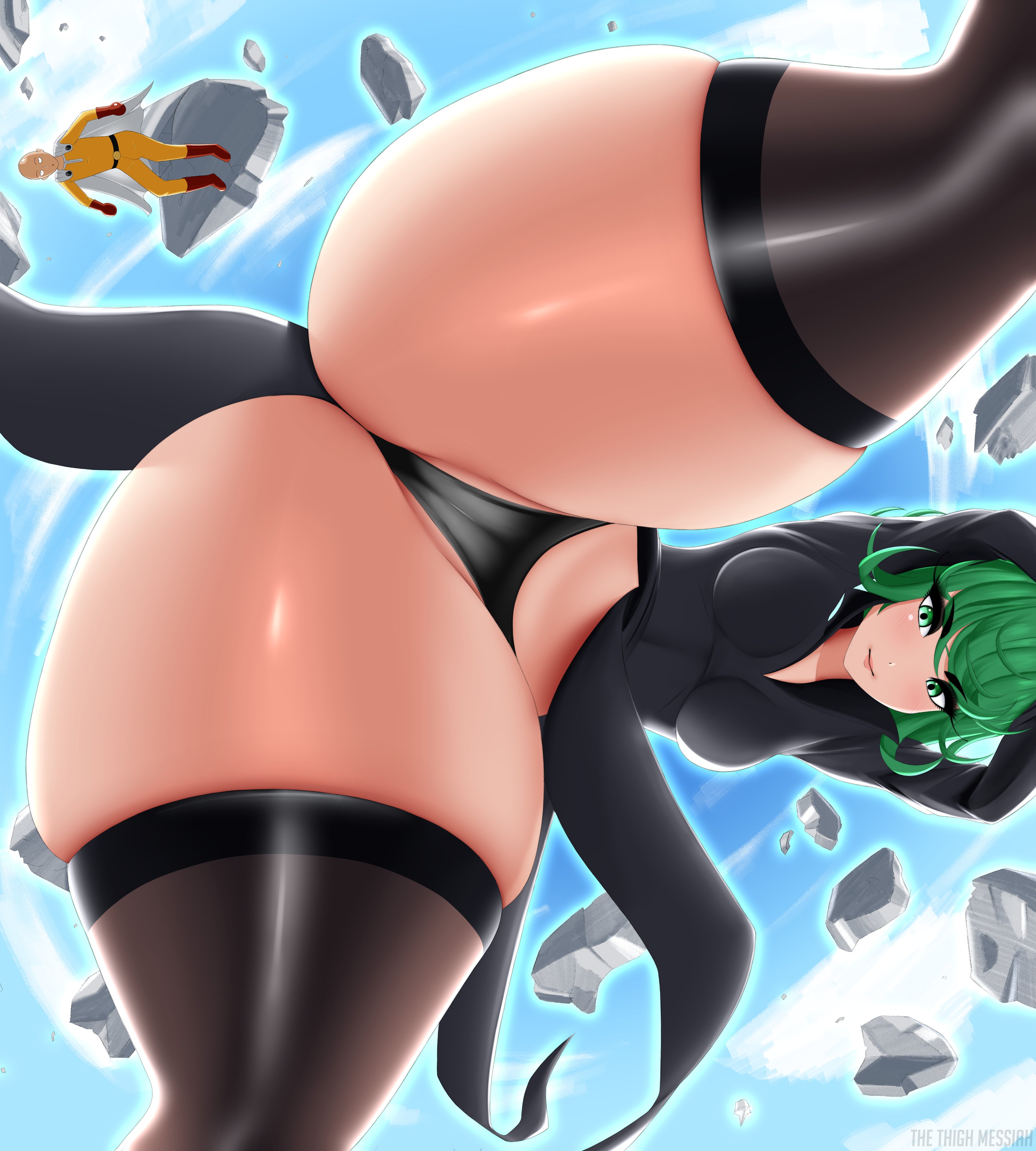 1boy, 1girls, ass, ass focus, big ass, black dress, black thighhighs, black thong, bottomwear, breasts, clothing, dress, female, female focus, green eyes, green hair, huge ass, leggings, legwear, lips, looking at viewer, male, medium breasts, one-punch man, pelvic curtain, saitama, short hair, solo focus, superheroine, tatsumaki, thethighmessiah, thick thighs, thighhighs, thighs, thong