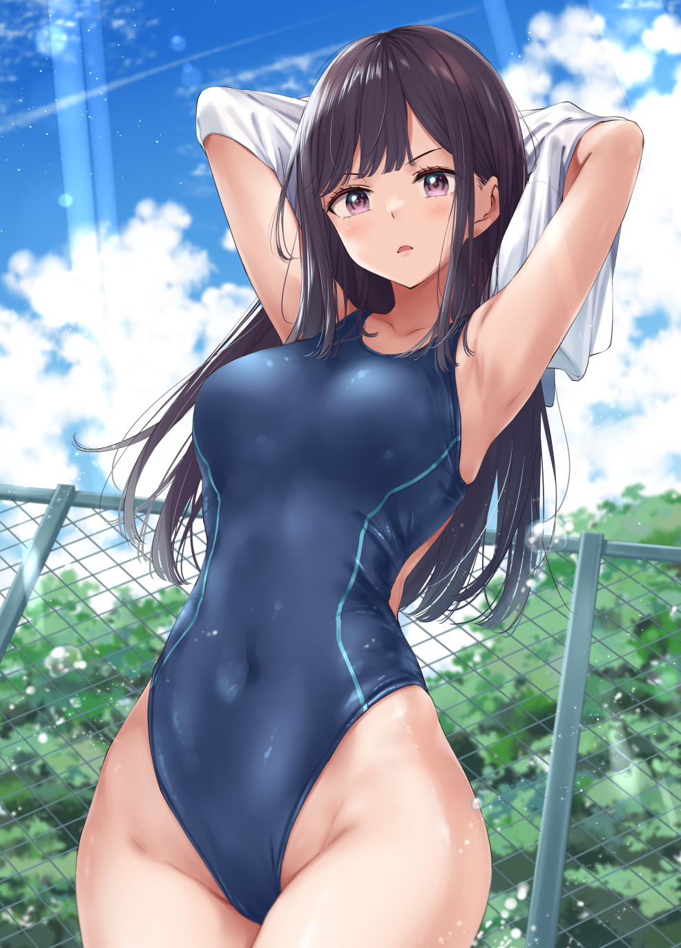 black hair, blush, long hair, one-piece swimsuit, original, original character, pink eyes, towel, towel around neck, wingt2