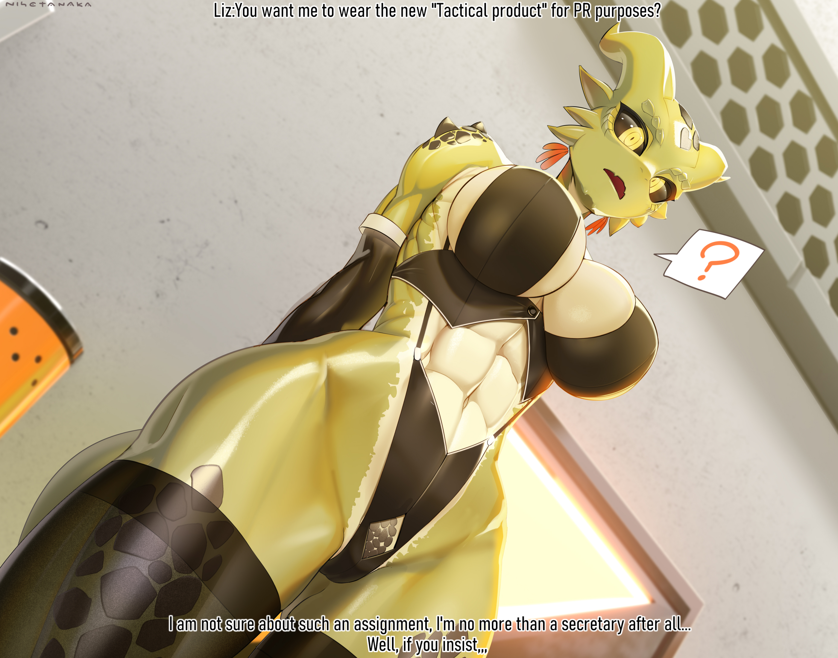 1girls, 2022, abs, anthro, argonian, ass, bethesda softworks, big ass, big breasts, big butt, black sclera, breasts, business suit, cleavage, clothed, clothing, curvaceous, curvy, dialogue, elbow gloves, elizabeth (nisetanaka), english text, female, female only, green body, green scales, hi res, hips, horn, hourglass figure, legwear, lizard, muscular, muscular female, navel, nisetanaka, nisetanaqa, non-mammal breasts, question mark, reptile, scalie, sideboob, skimpy, skimpy clothes, solo, tail, the elder scrolls, thick thighs, thighhighs, thighs, tight clothing, translucent, translucent clothing, video games, wide hips, yellow eyes