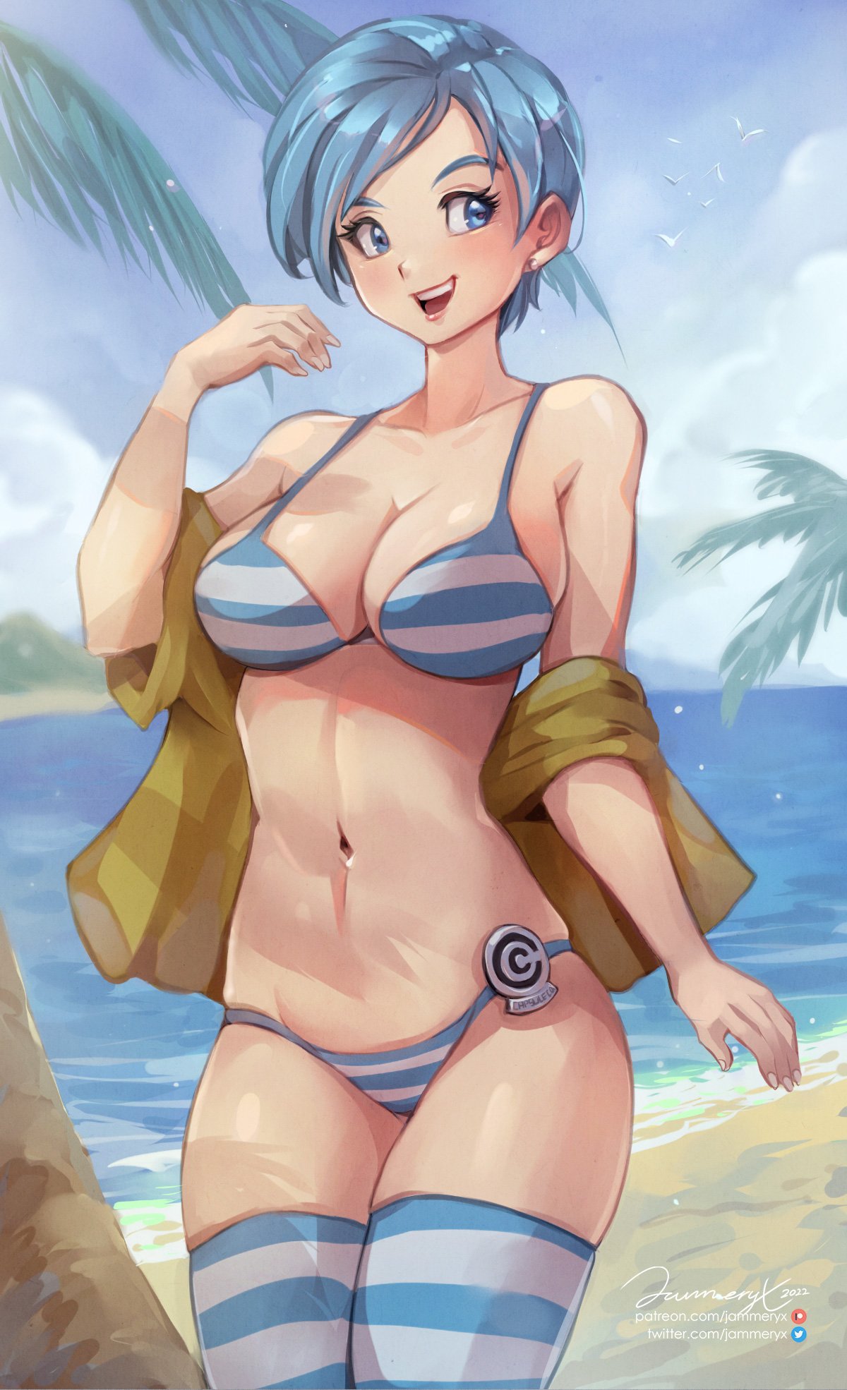 1girls 2022 beach bikini blue_eyes blue_hair breasts bulma_briefs dragon_ball dragon_ball_super female female_only hips jammeryx large_breasts light-skinned_female light_skin mature_female milf mother outdoors short_hair shounen_jump slim_waist smile striped_bikini very_short_hair