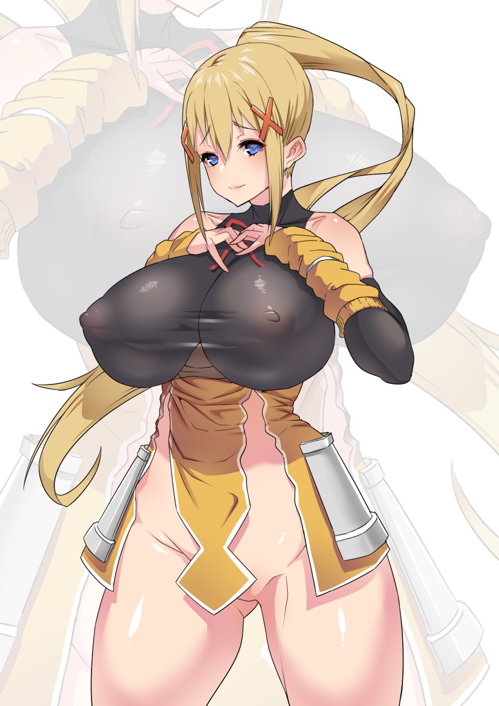 1girls amamiya_(abaros) armwear big_breasts blonde_hair blue_eyes breasts darkness_(konosuba) erect_nipples female female_only hair_ornament huge_breasts kono_subarashii_sekai_ni_shukufuku_wo! nipples nipples_visible_through_clothing ponytail skimpy skimpy_clothes solo solo_female thighs_together