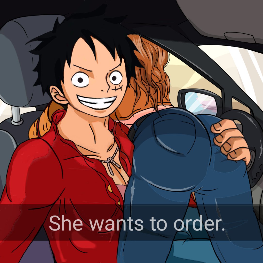 1boy 1boy1girl 1girls 2022 animesgirill ass ass_focus ass_grab big_ass black_hair bubble_ass bubble_butt caption car clothed curvy dat_ass female he_wants_to_order jeans long_hair male meme monkey_d_luffy nami one_piece orange_hair post-timeskip post_timeskip scar sfw shirt short_hair shounen_jump snapchat straw_hat