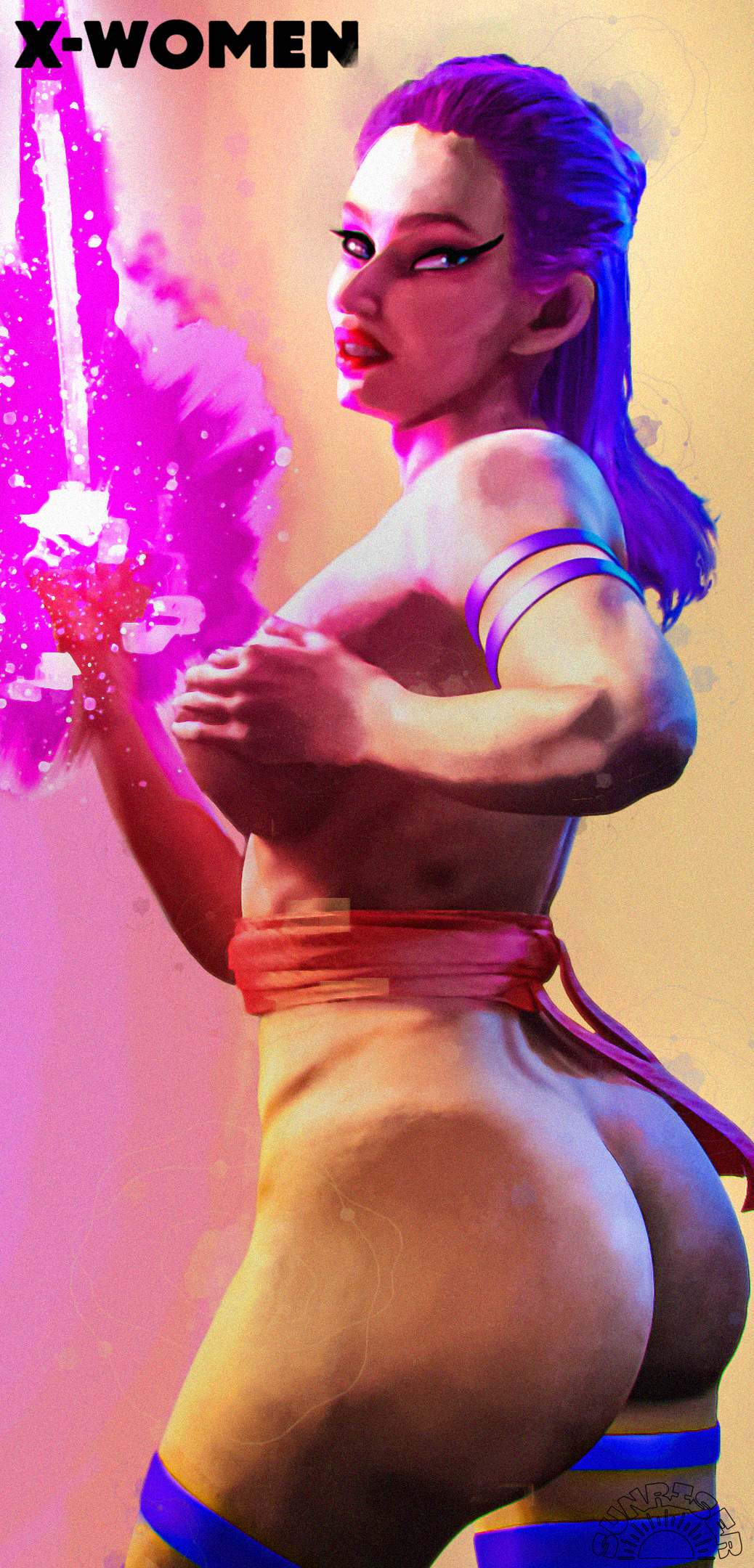 1girls asian asian_female ass ass_focus ass_grab assassin blade breast_grab breast_press breasts butt_focus butt_grab chest energy female hiding marvel marvel_comics mutant ninja pinup psylocke purple_hair straight_hair sunriser tagme x-men