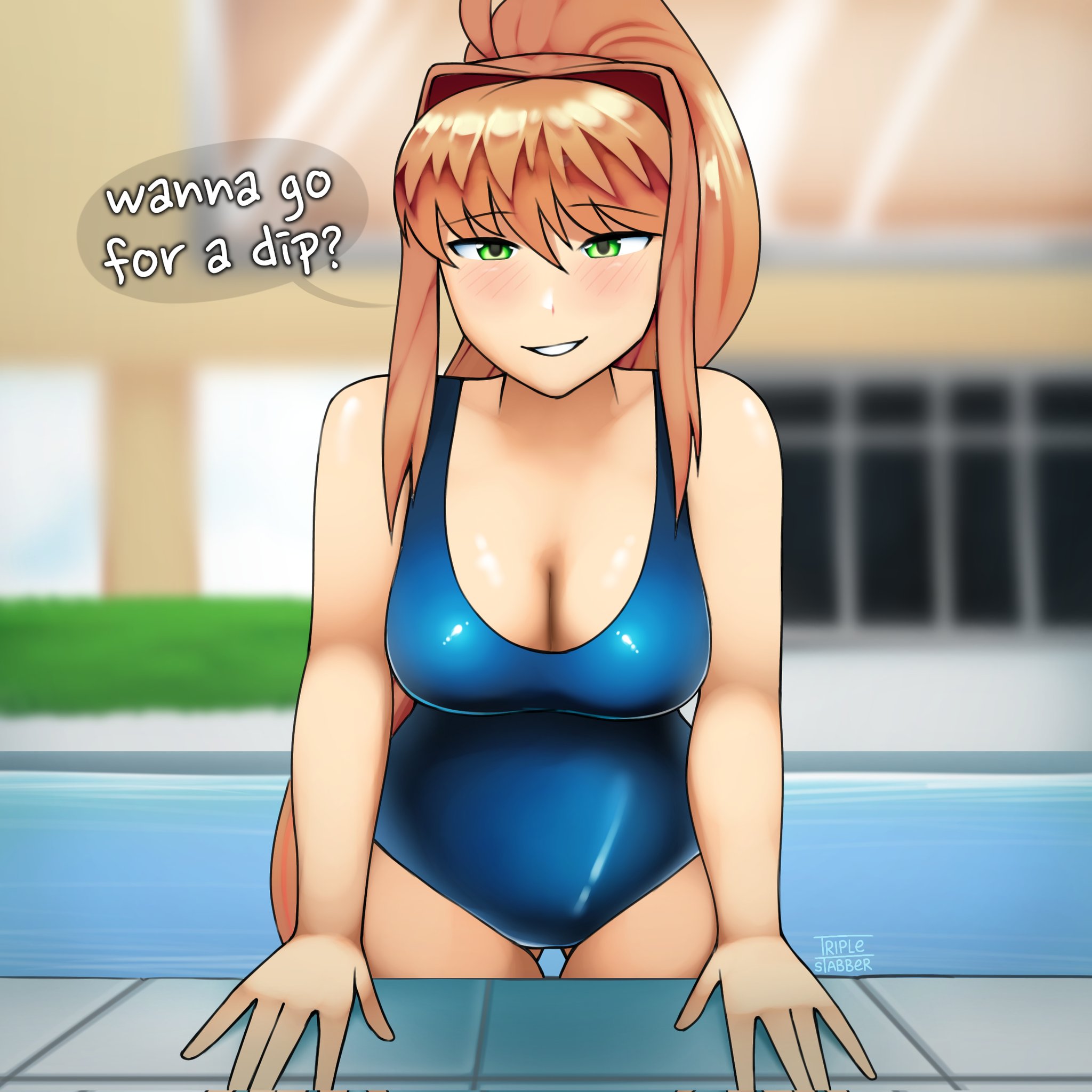 1girls, blue swimsuit, blush, brown hair, cleavage, doki doki literature club, female, green eyes, looking at viewer, monika (doki doki literature club), pool, smile, solo, swimsuit, text, text bubble, triplestabber, water