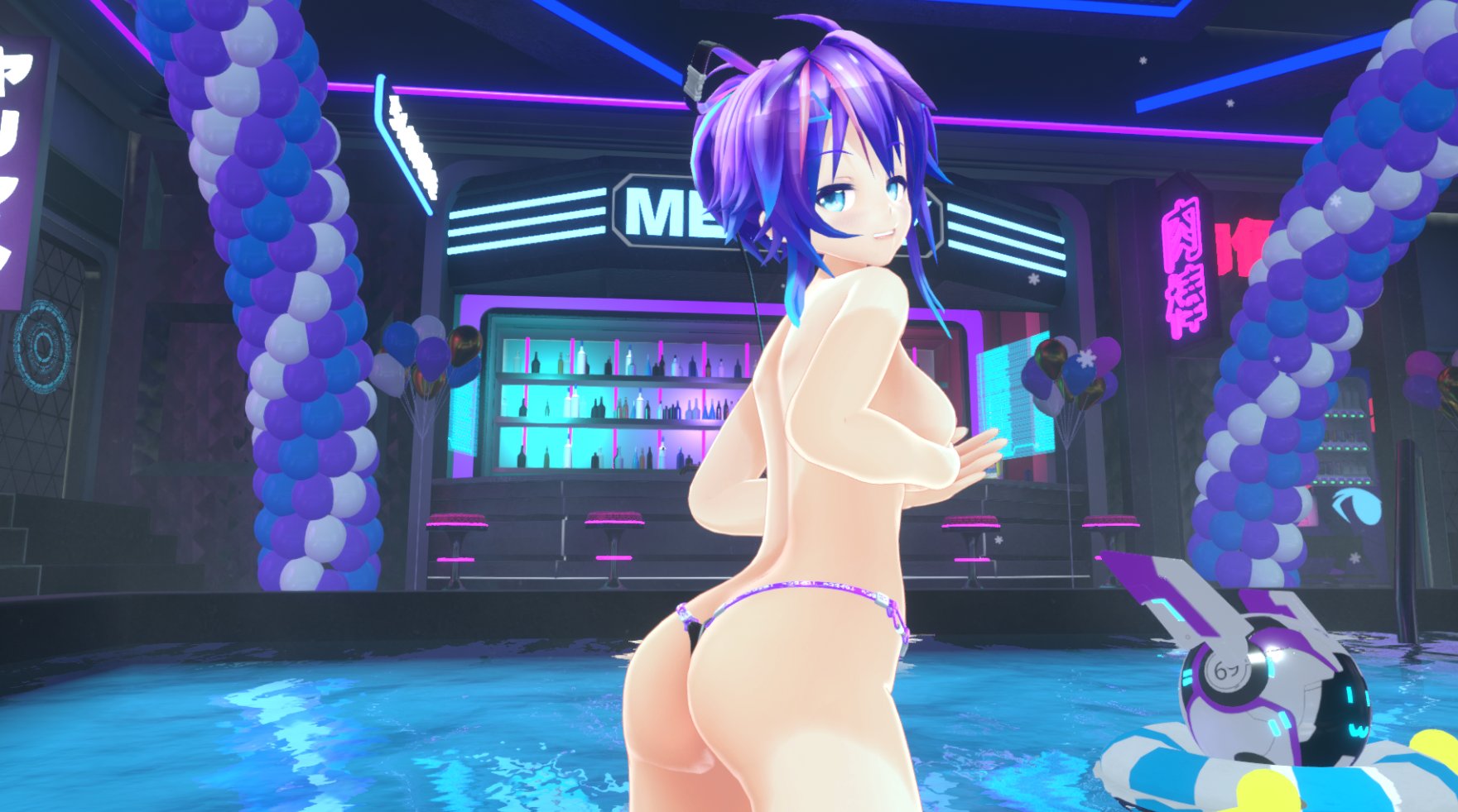 3d, ass, female, female only, looking at viewer, looking back, melody (projektmelody), projektmelody, purple hair, solo, solo female, thong, topless, virtual youtuber, vshojo