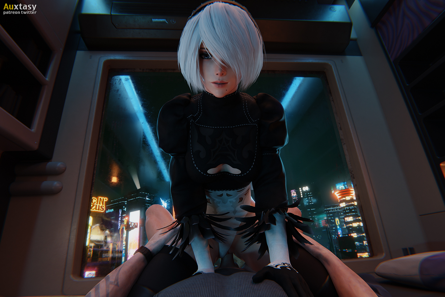1boy, 1girls, 3d, auxtasy, blue eyes, cowgirl, cowgirl position, dress, eye contact, female, gloves, looking at viewer, male, nier, nier (series), nier: automata, penis, pov, pussy, stockings, straight, tattoo, thighhighs, thighs, vagina, vaginal penetration, vaginal sex, white hair, yorha 2b