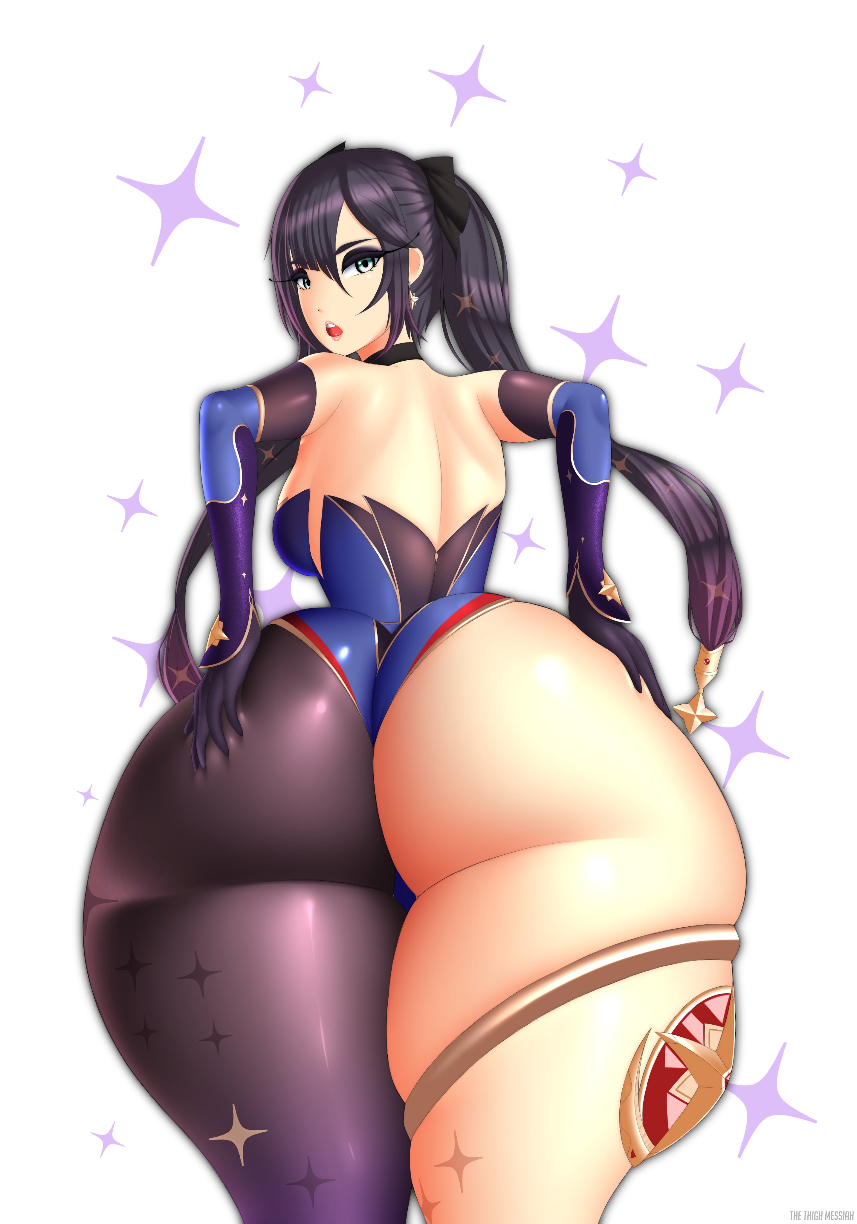 1girls, alternate version available, armwear, ass, ass body, ass focus, back view, backboob, big ass, big butt, black hair, breasts, bubble ass, bubble butt, curvaceous, curvy, curvy figure, fat ass, female, female only, genshin impact, hands on ass, hips, huge ass, large ass, leggings, legwear, leotard, looking at viewer, massive ass, mona (genshin impact), solo, solo female, tagme, thethighmessiah, thick thighs, thighs, twintails, wide hips