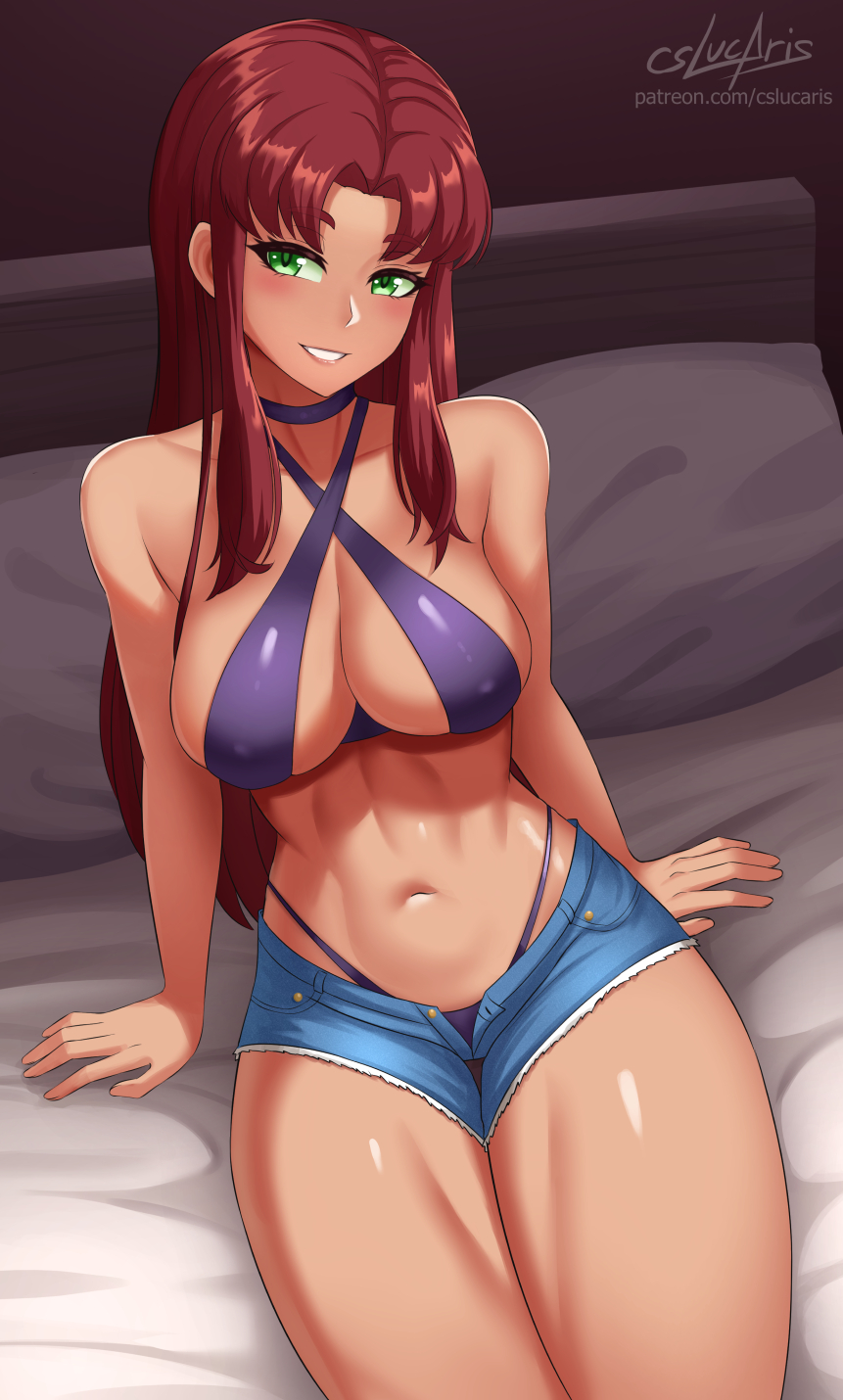 1girls, bed, big breasts, bra, breasts, choker, cleavage, clothed, criss-cross halter, cslucaris, dc, dc comics, denim shorts, female, female only, g-string, green eyes, halterneck, koriand'r, large breasts, long hair, navel, open shorts, panties, red hair, shiny skin, short shorts, shorts, sitting, sitting on bed, skimpy, smile, solo, starfire, teen titans, thick thighs, thong, thong above shorts, thong panties, thong straps, thong underwear, unbuttoned shorts