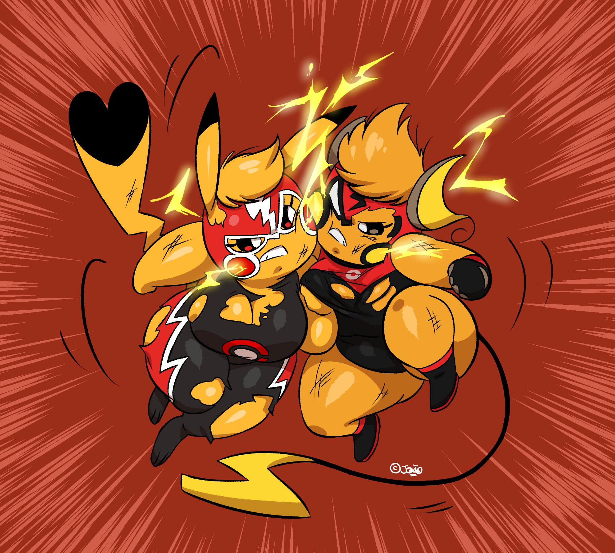 2girls, anthro, anthrofied, big breasts, breasts, clothed, clothing, cosplay pikachu, duo, female, female only, fur, furry, furry only, joaoppereiraus, kanna (joaoppereiraus), lydia (joaoppereiraus), lydia (lobokosmico), nintendo, pikachu, pikachu libre, pokémon (species), pokemon, pokemon (species), raichu, raichu libre, shortstack, tagme, tail, thick thighs, torn clothes, torn clothing